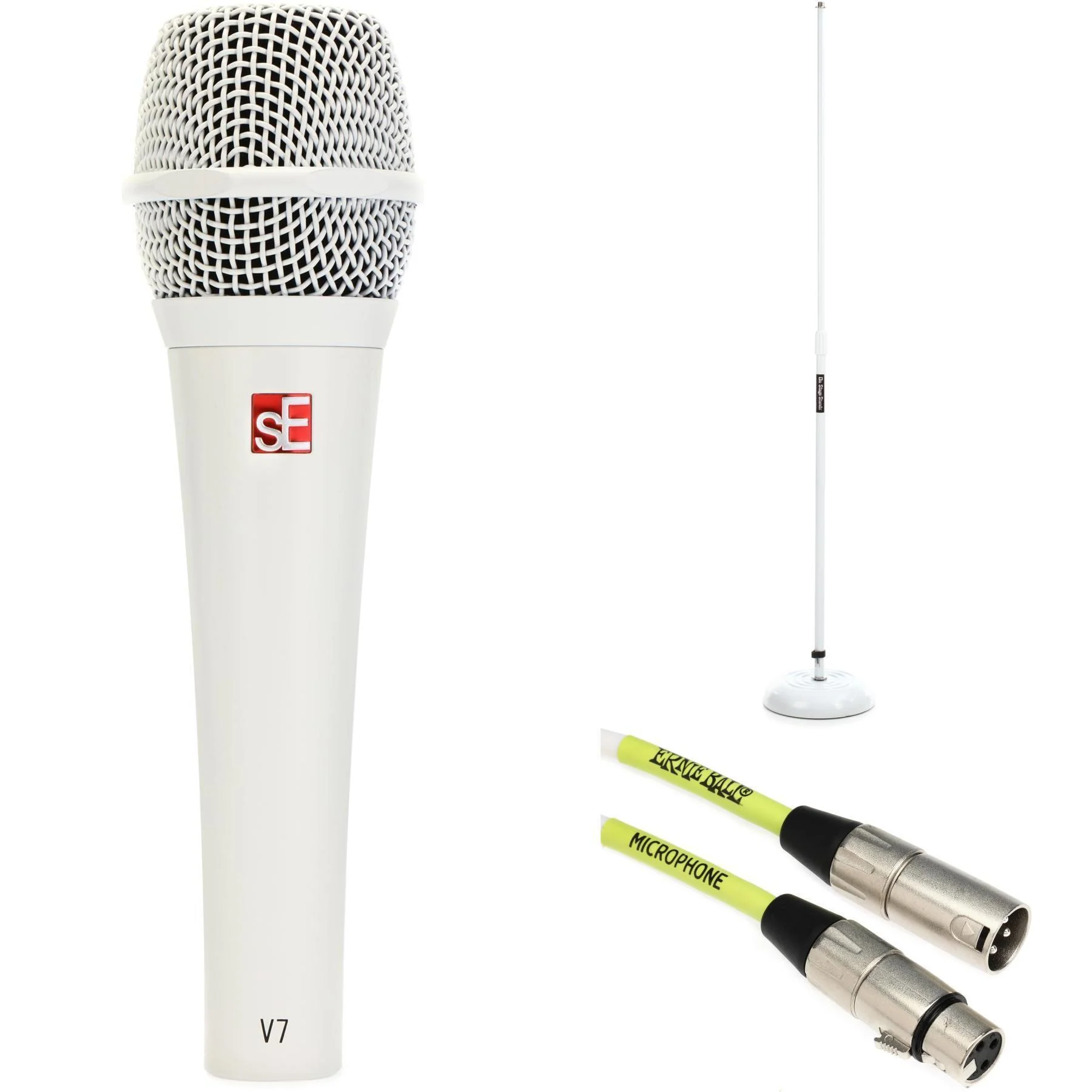 sE Electronics V7 超心形动圈手持人声麦克风，带圆形底座支架和线缆 - 白色