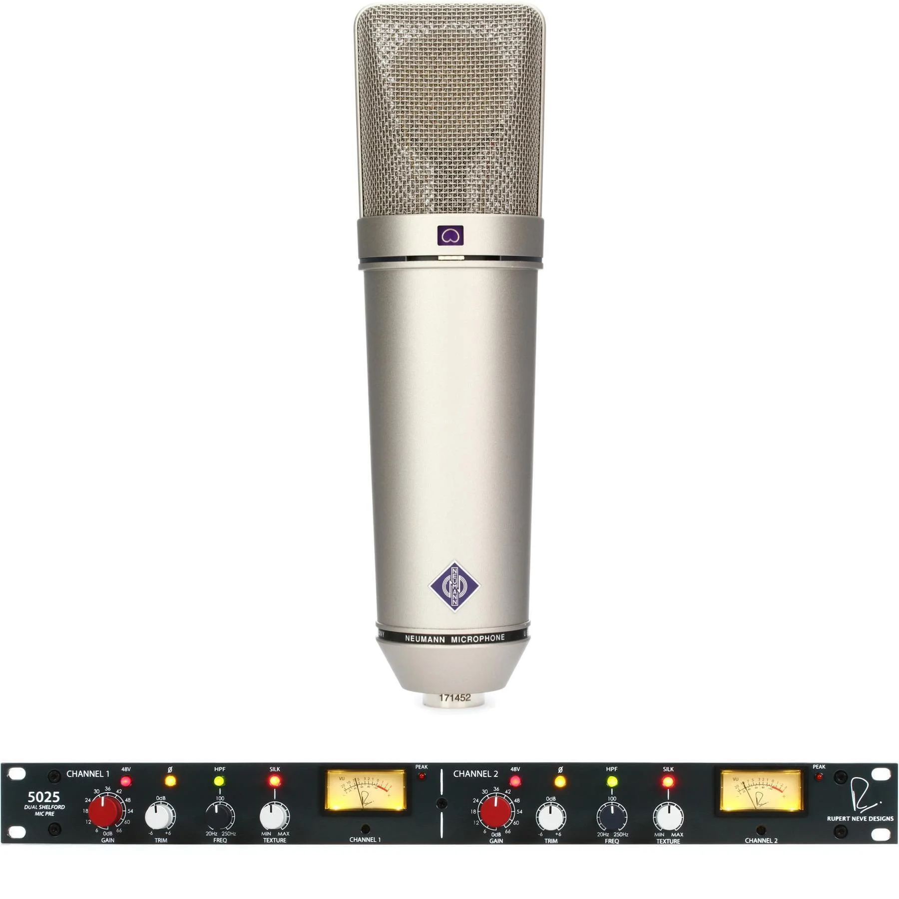 Neumann U 87 Ai 套装大振膜电容麦克风，搭配 Rupert Neve Designs 5025 Dual Shelford 麦克风前置放大器