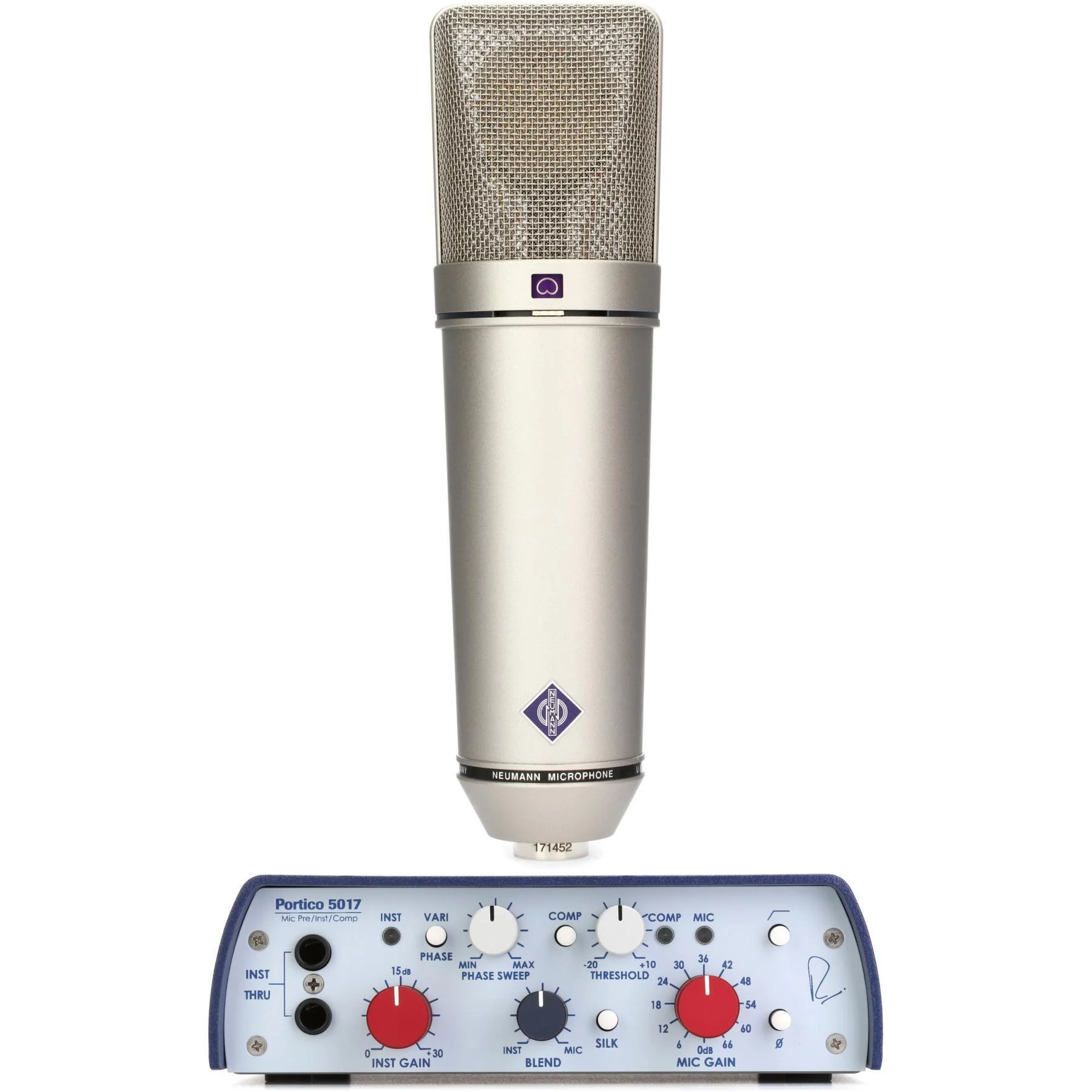 Neumann U 87 Ai 套装大振膜电容麦克风，搭配 Rupert Neve Designs Portico 5017 单通道麦克风前置放大器与压缩器