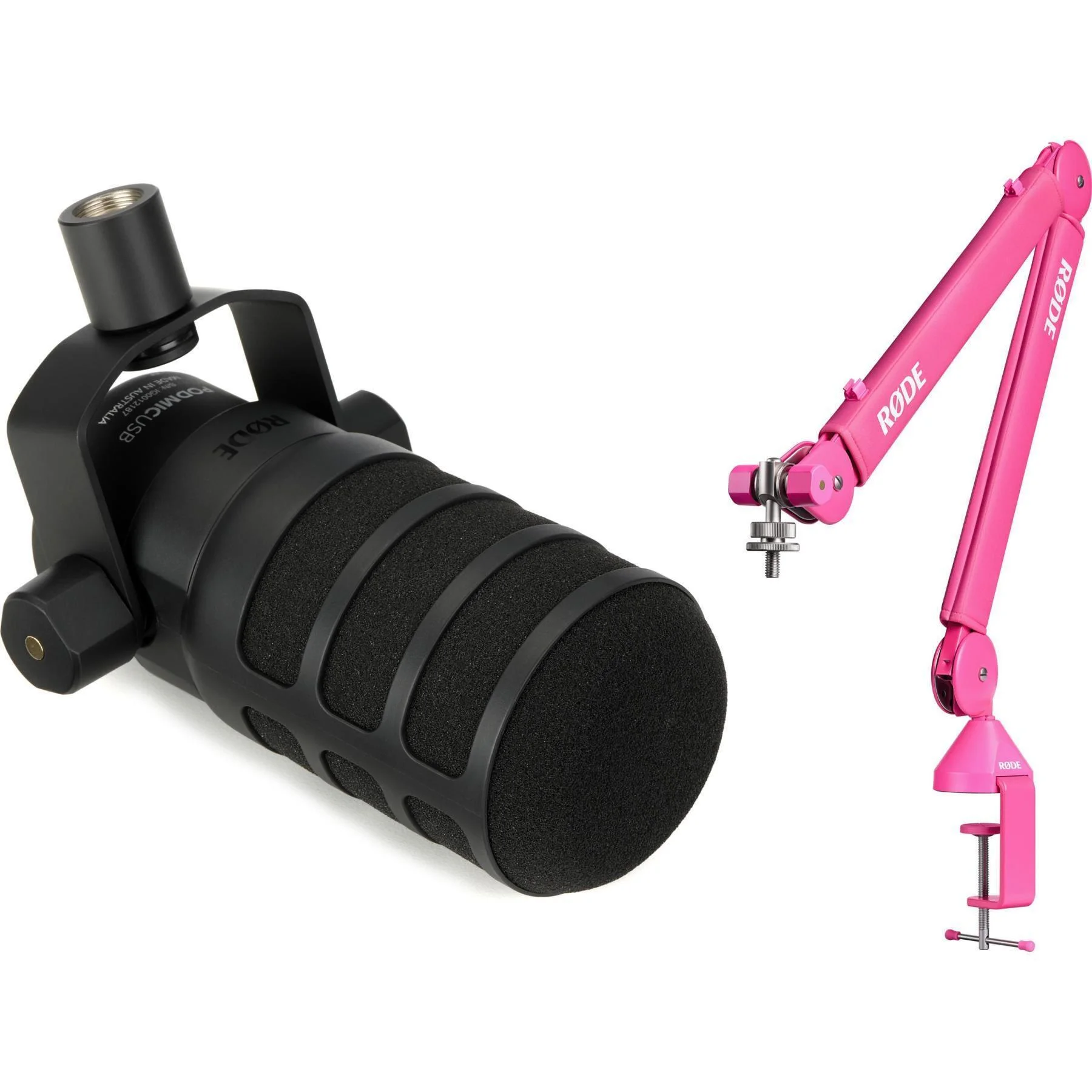Rode PodMic USB 动圈广播麦克风，带录音室悬臂支架 - 粉色