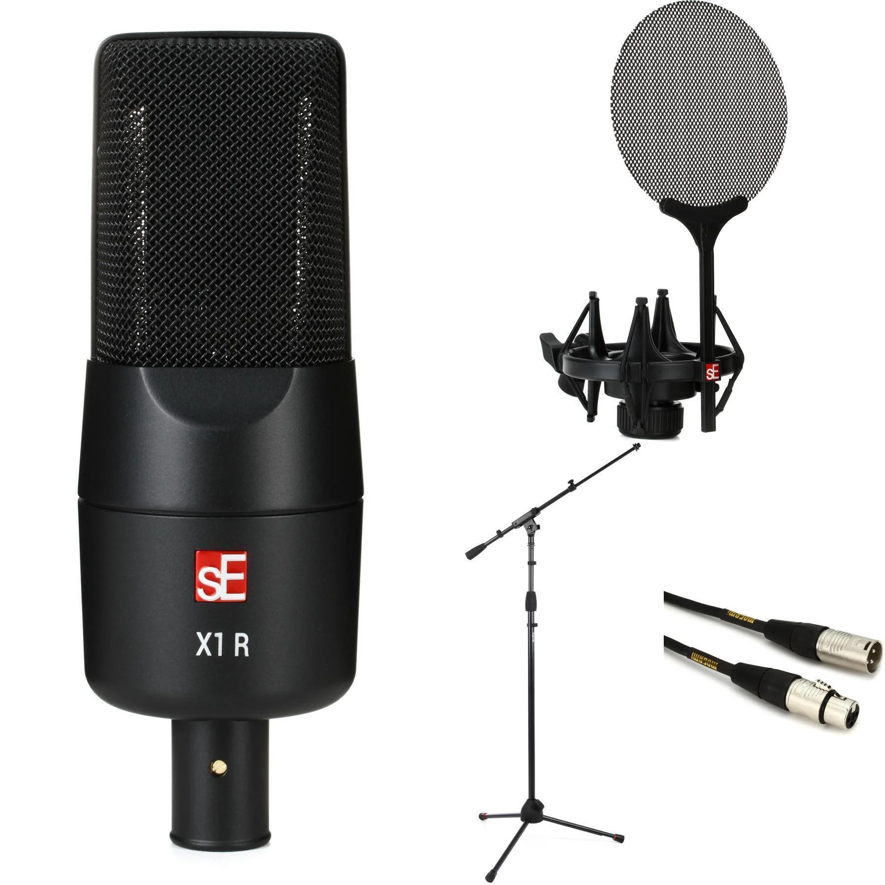 sE Electronics X1 R 铝带麦克风套装，含减震架、支架和线缆