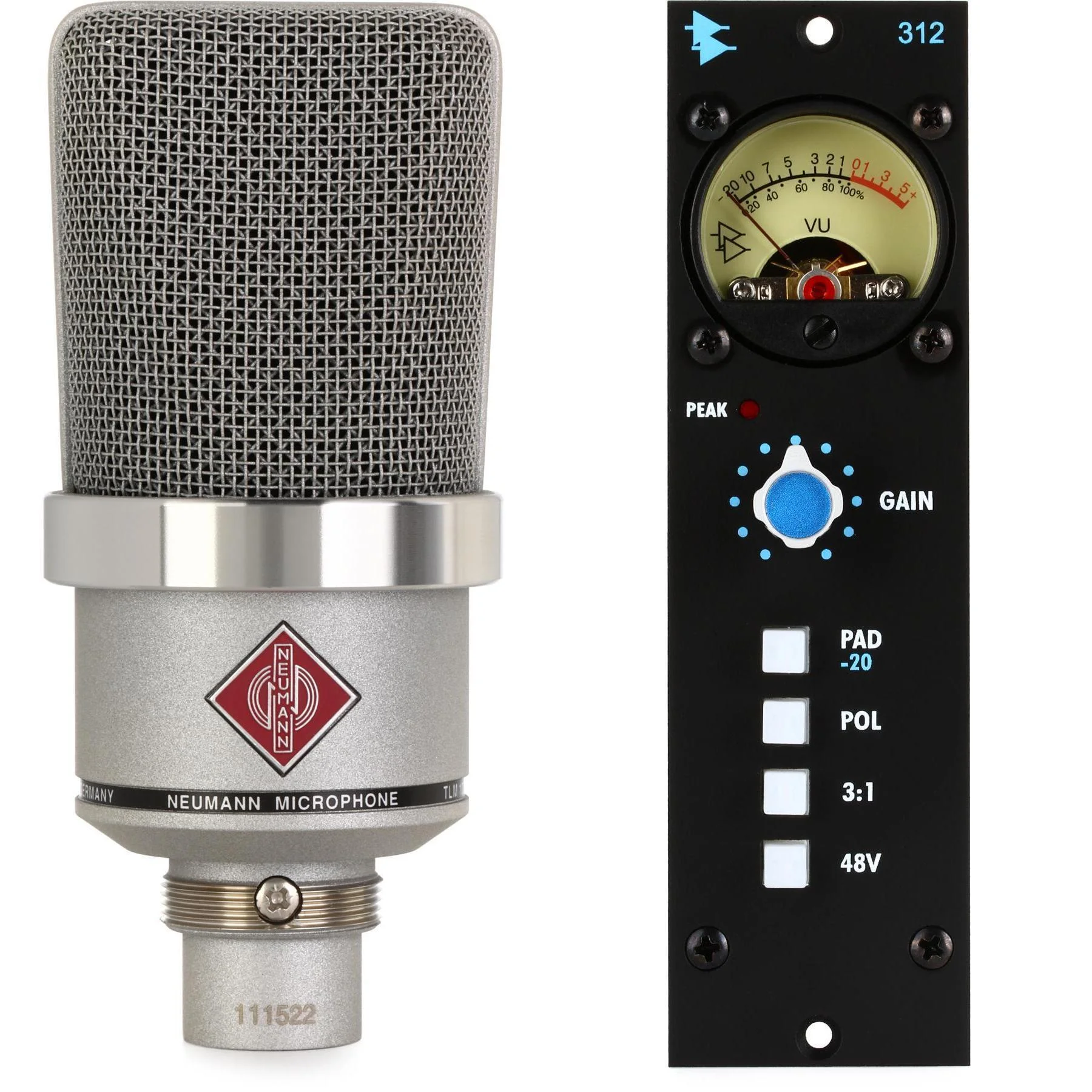 Neumann TLM 102 大振膜电容麦克风和 API 312 500 系列麦克风前置放大器 - 镍色