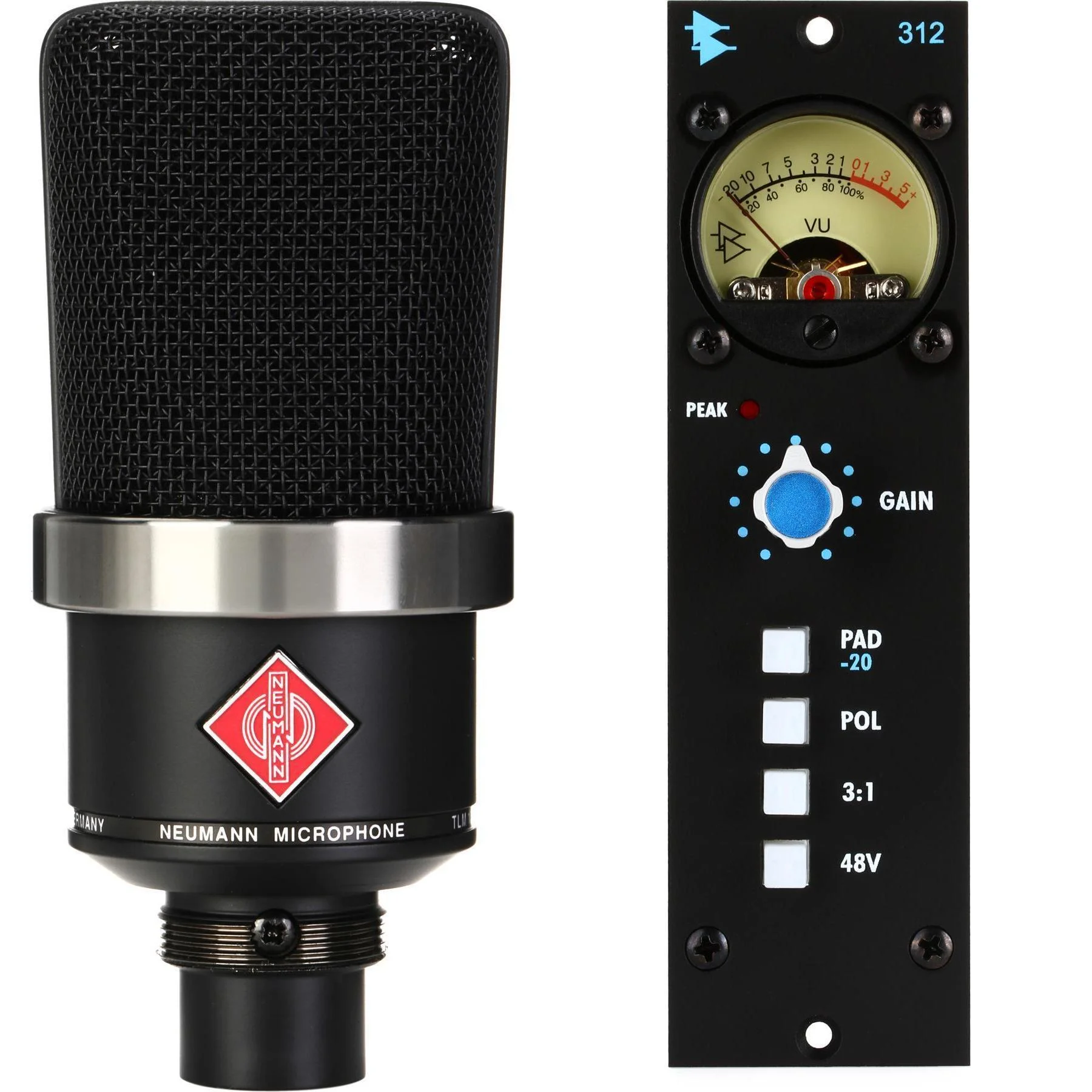 Neumann TLM 102 大振膜电容麦克风和 API 312 500 系列麦克风前置放大器 - 黑色