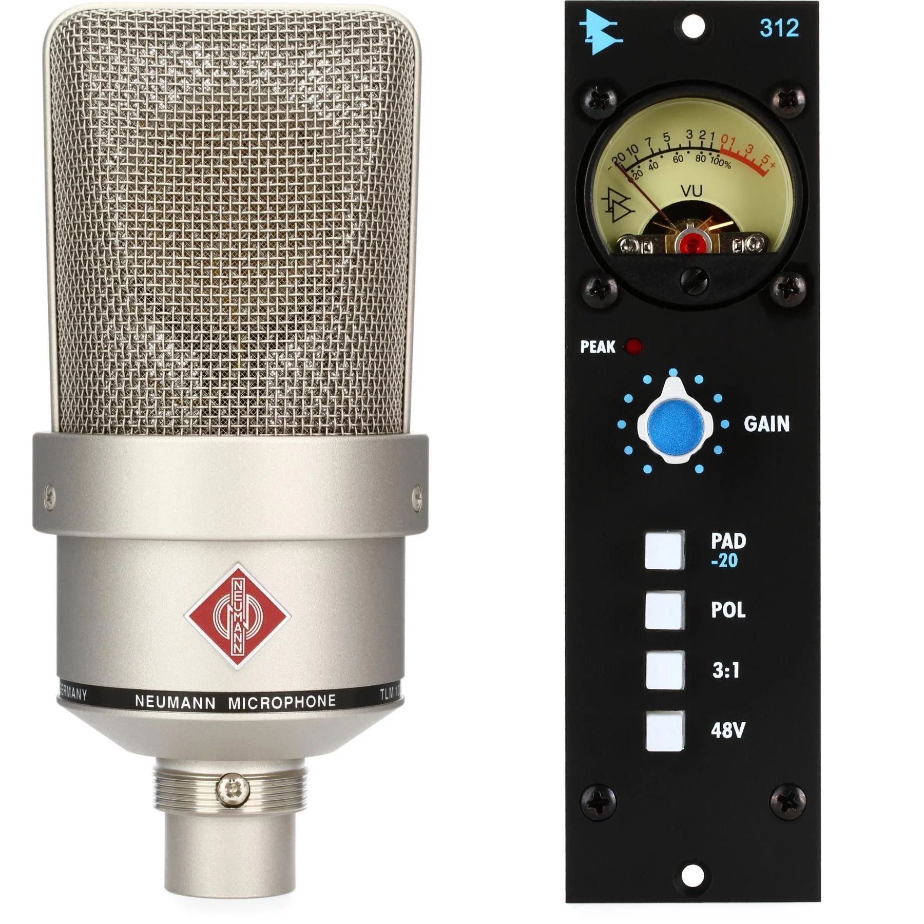 Neumann TLM 103 大振膜电容麦克风和 API 312 500 系列麦克风前置放大器 - 镍色