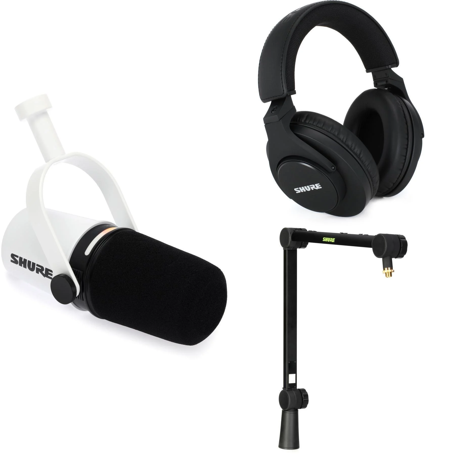 Shure MV7+ 混合播客麦克风，配桌面麦克风吊臂支架和耳机 - 白色