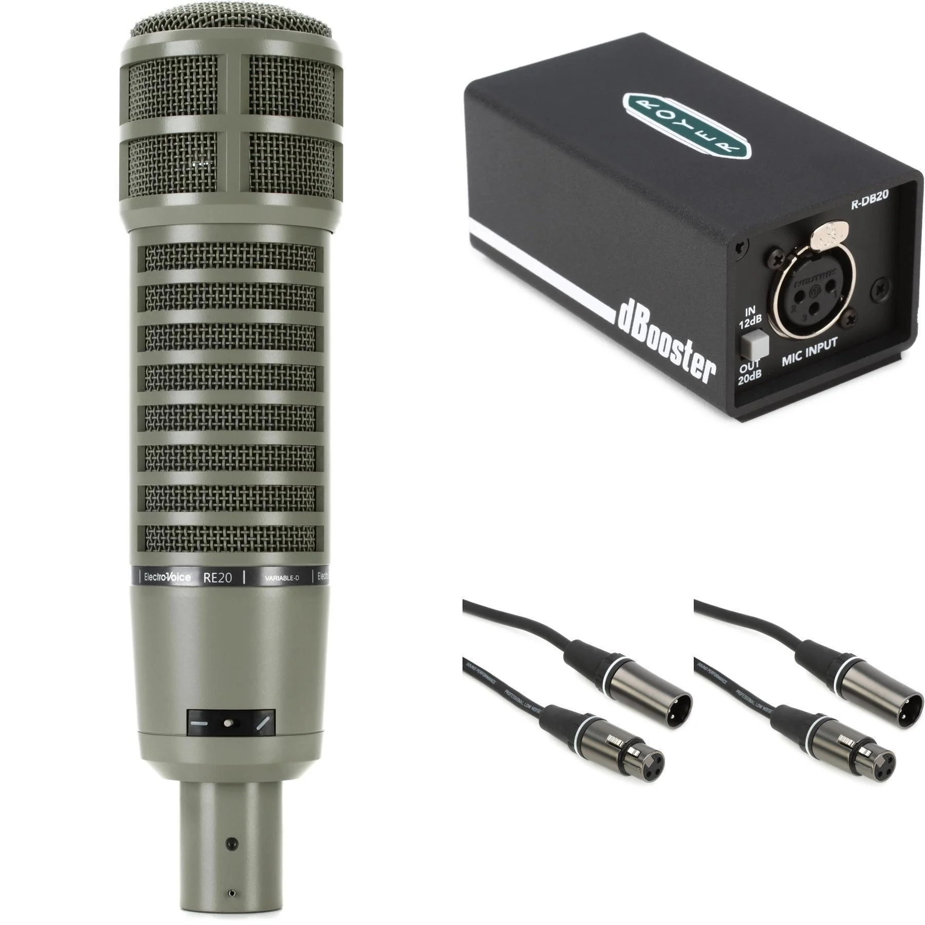 Electro-Voice RE20 动圈广播麦克风，配 Variable-D 和 Royer dBooster 信号放大器