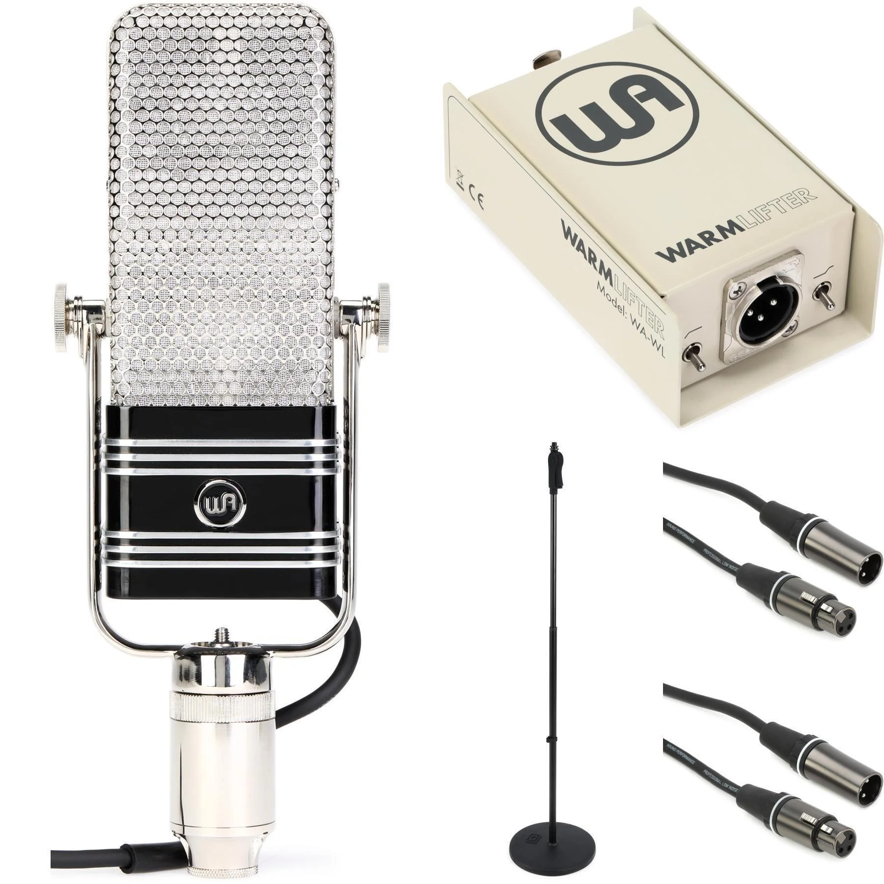 Warm Audio WA-44 录音室铝带麦克风，带 Warm Lifter 前置放大器和支架