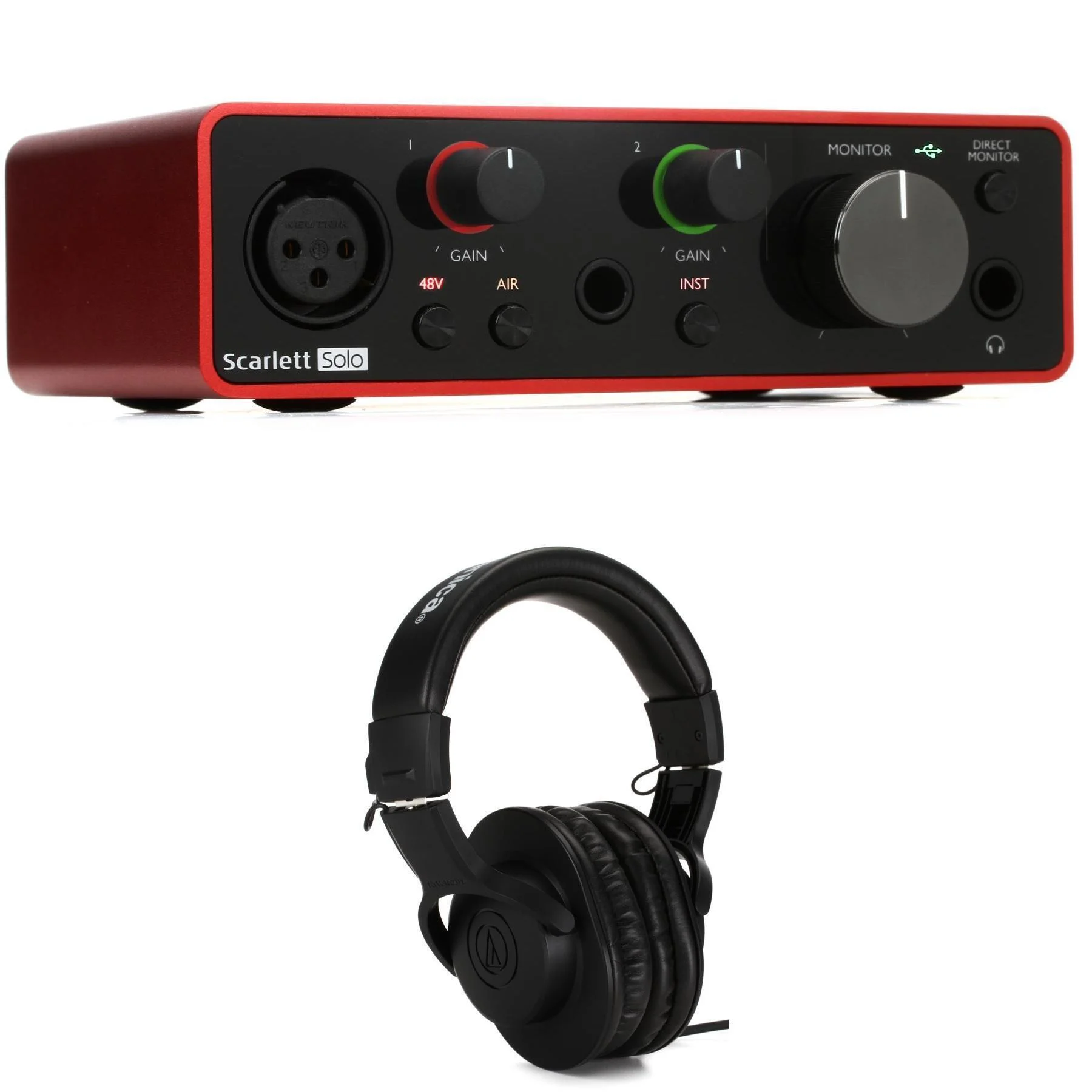Focusrite Scarlett Solo 第3代 USB 音频接口，搭配 Audio-Technica ATH-M20x 耳机