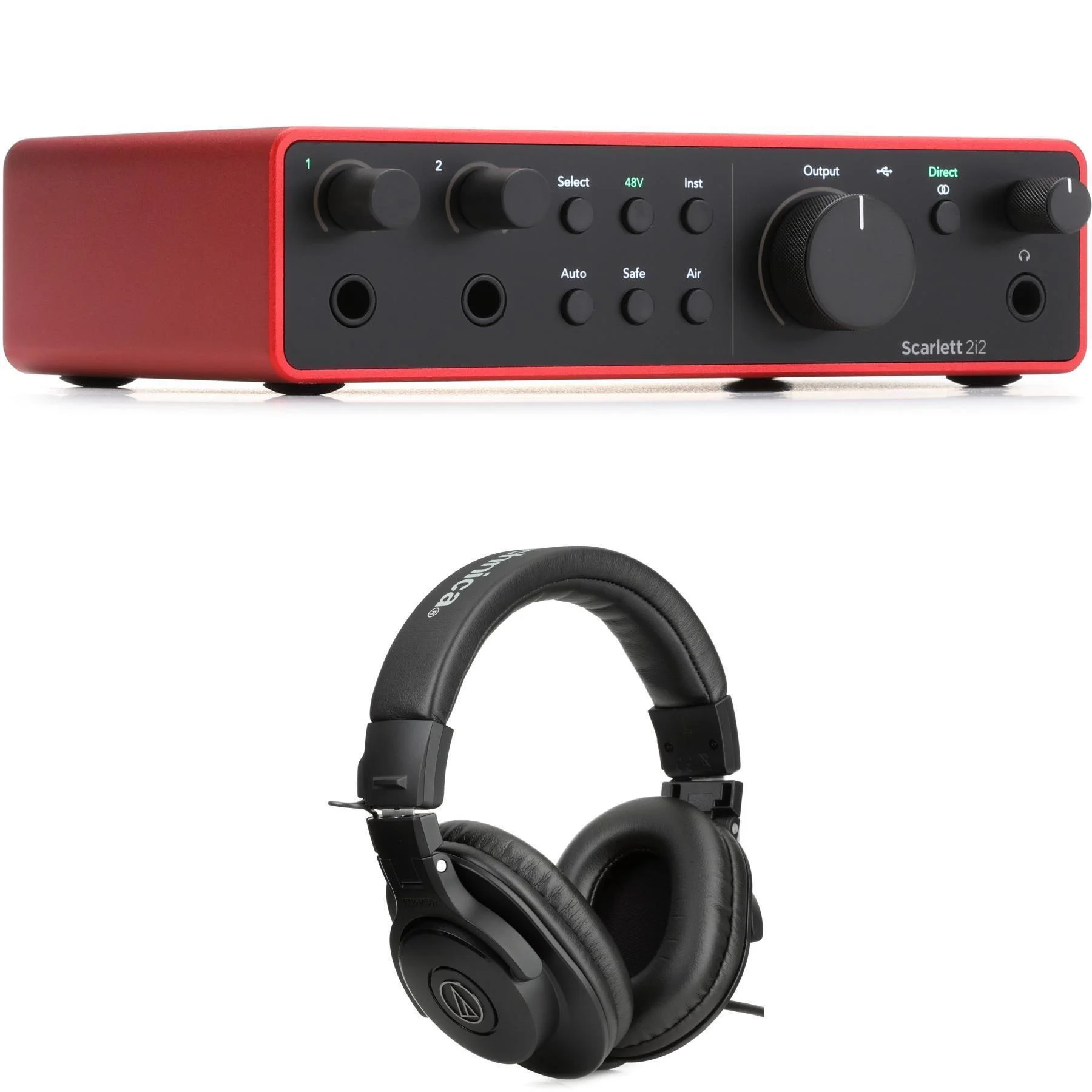 Focusrite Scarlett 2i2 第4代 USB 音频接口，搭配 Audio-Technica ATH-M30x 封闭式耳机