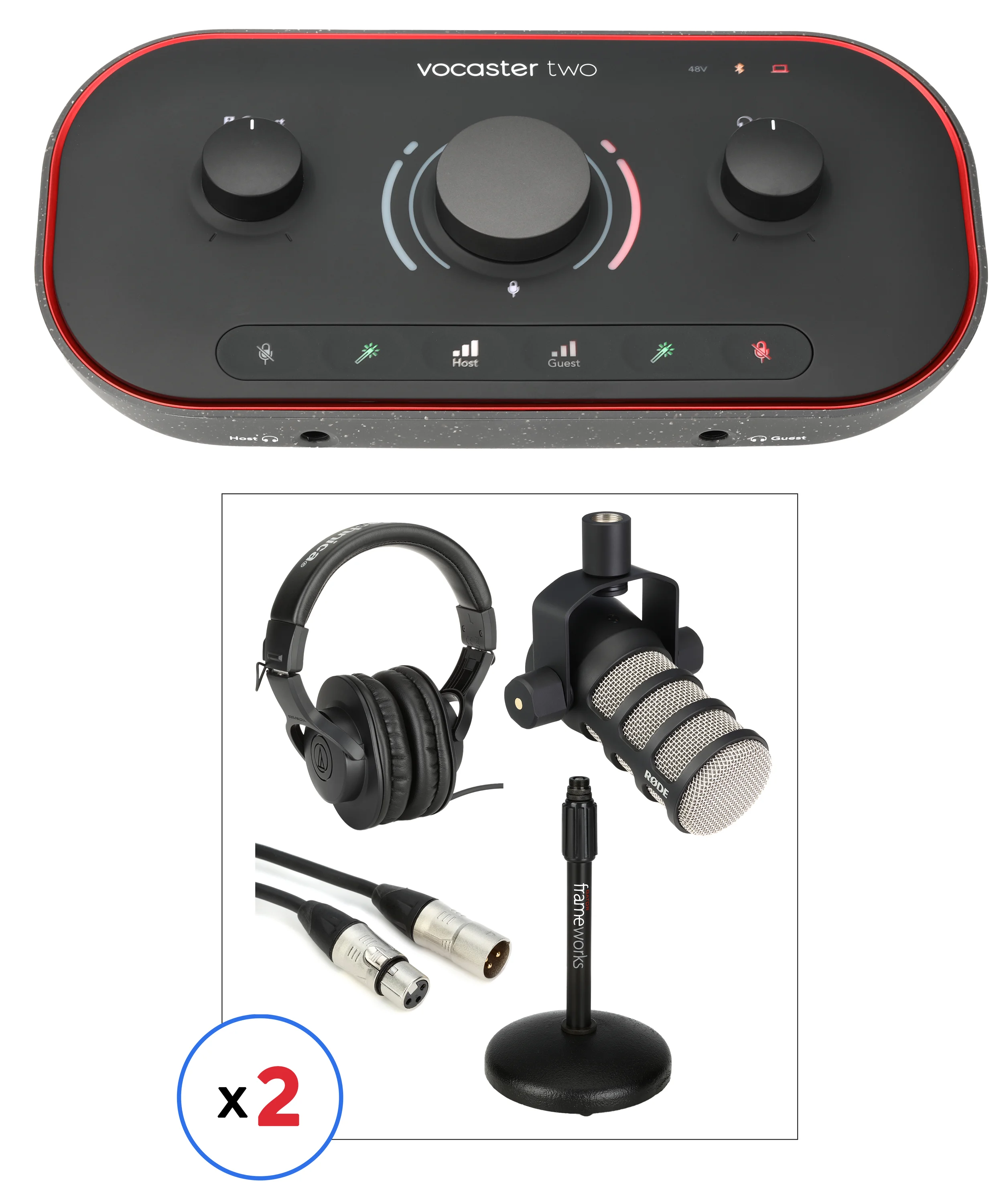 Focusrite Vocaster 2 和 PodMic 桌面双主持播客套装