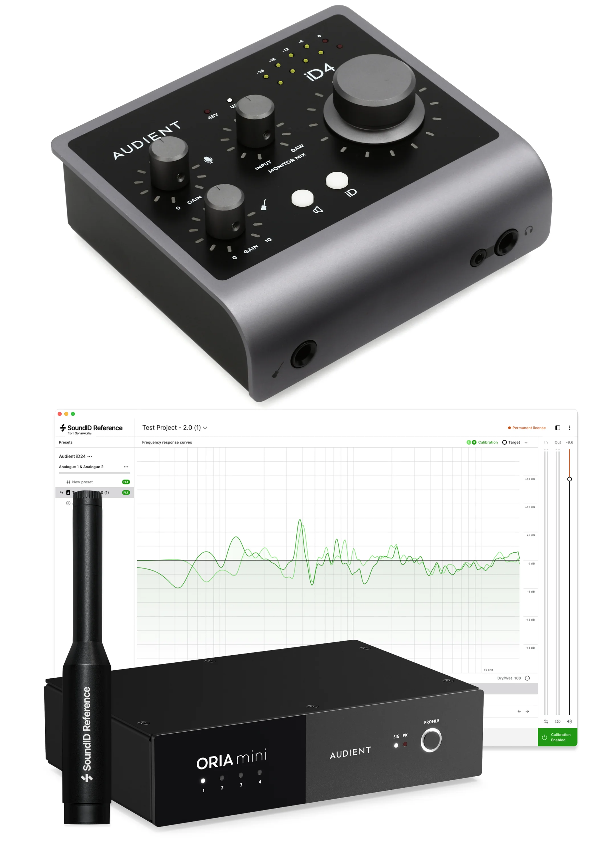 Audient iD4 MKII 2 x 2 USB-C 音频接口和 ORIA Mini 房间校正系统