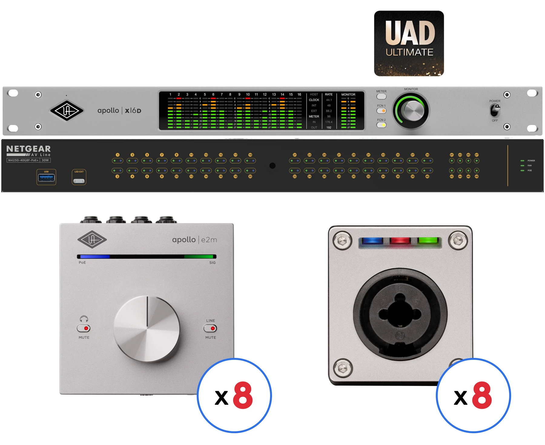 Universal Audio Apollo x16D Ultimate+ 18 x 20 音频接口，配备 8 个监听站和远程前置放大器