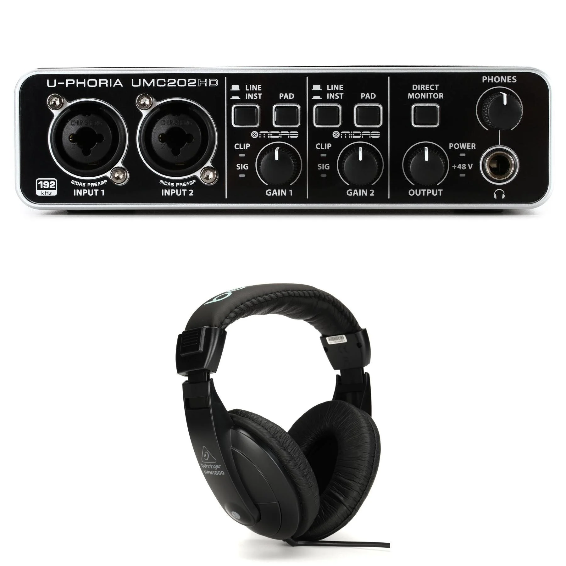 Behringer U-Phoria UMC202HD USB音频接口和HPM1000-BK多用途耳机套装