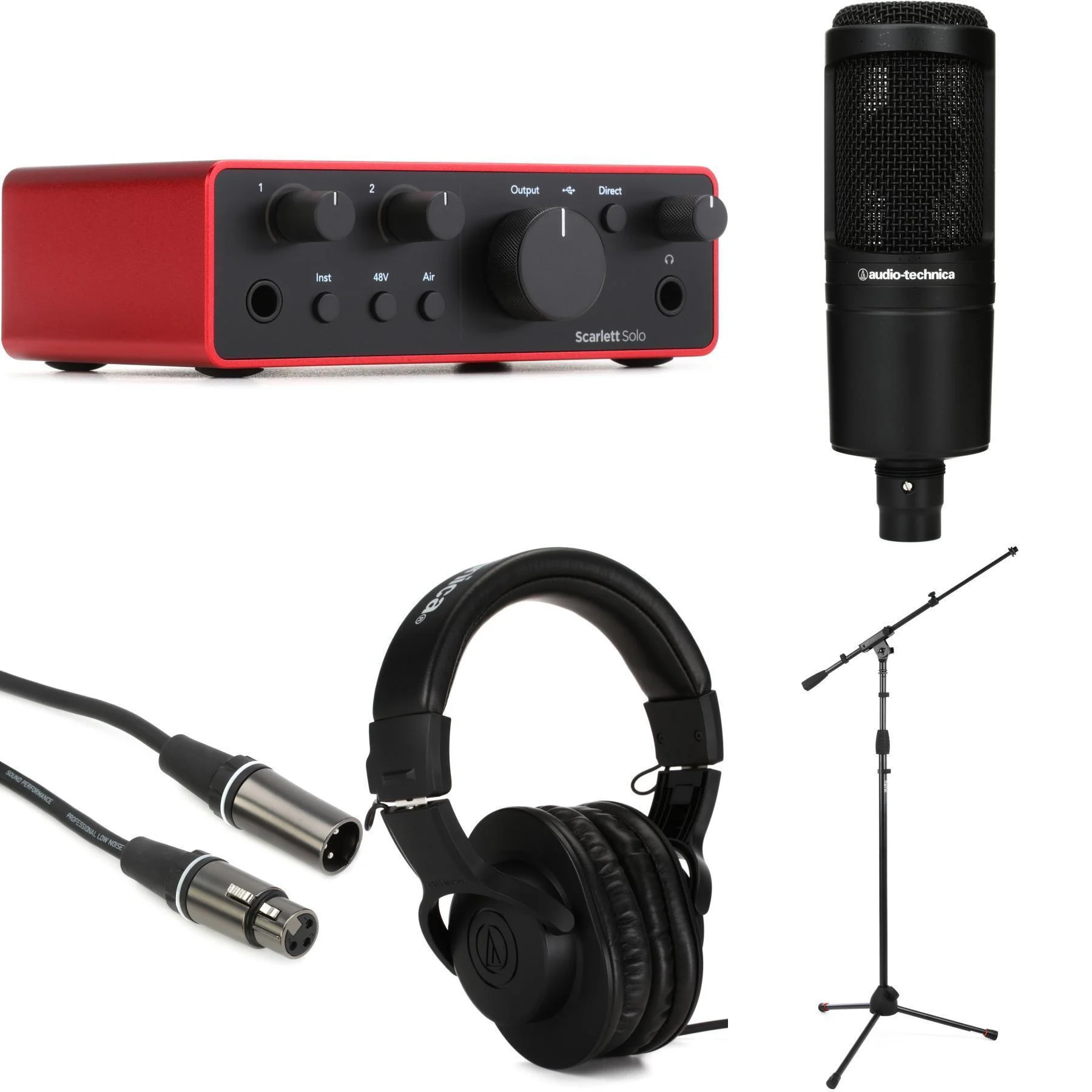 Focusrite Scarlett Solo 第四代 USB 音频接口和 Audio-Technica AT2020 录音套装，含耳机