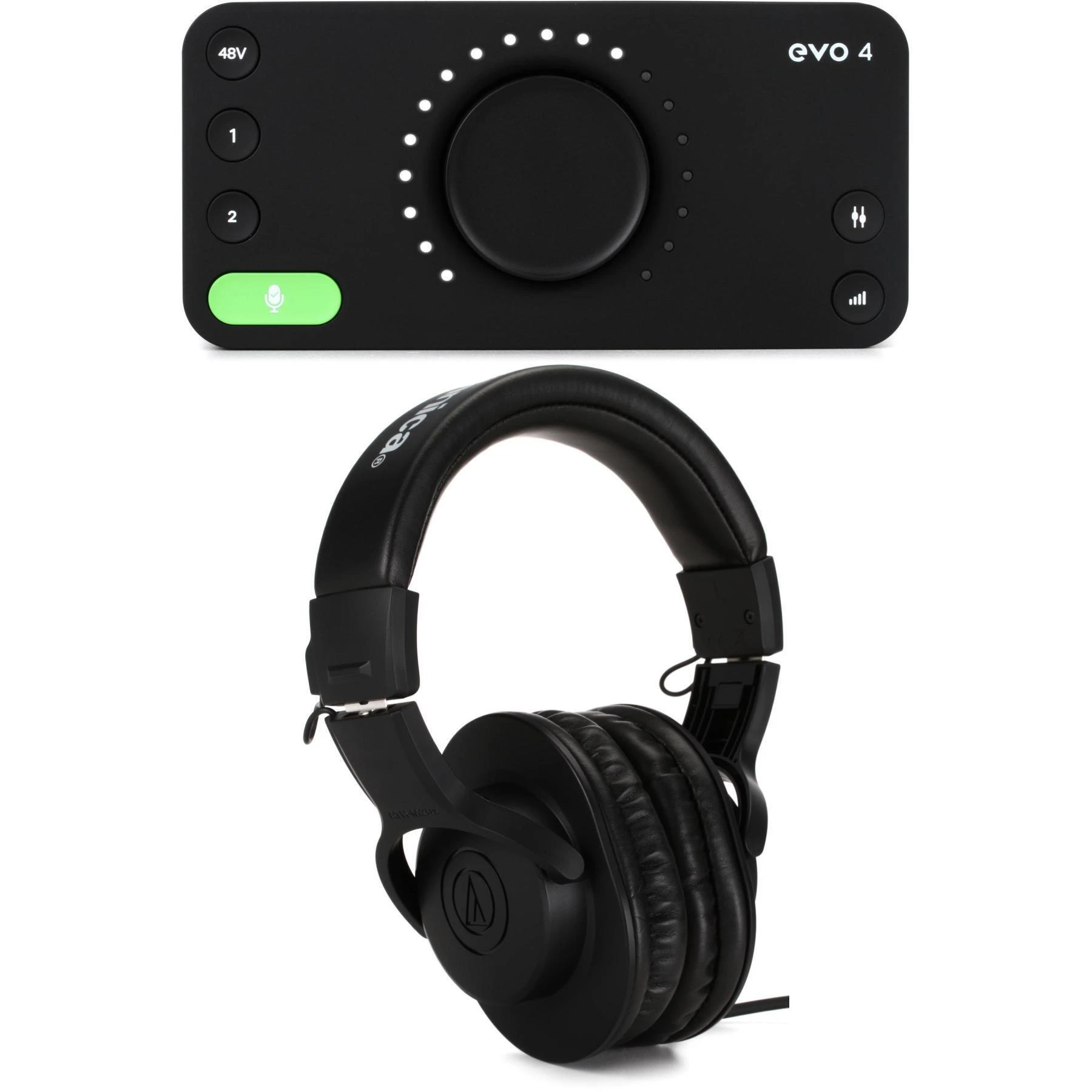 Audient EVO 4 USB 音频接口和 Audio-Technica ATH-M20x 耳机