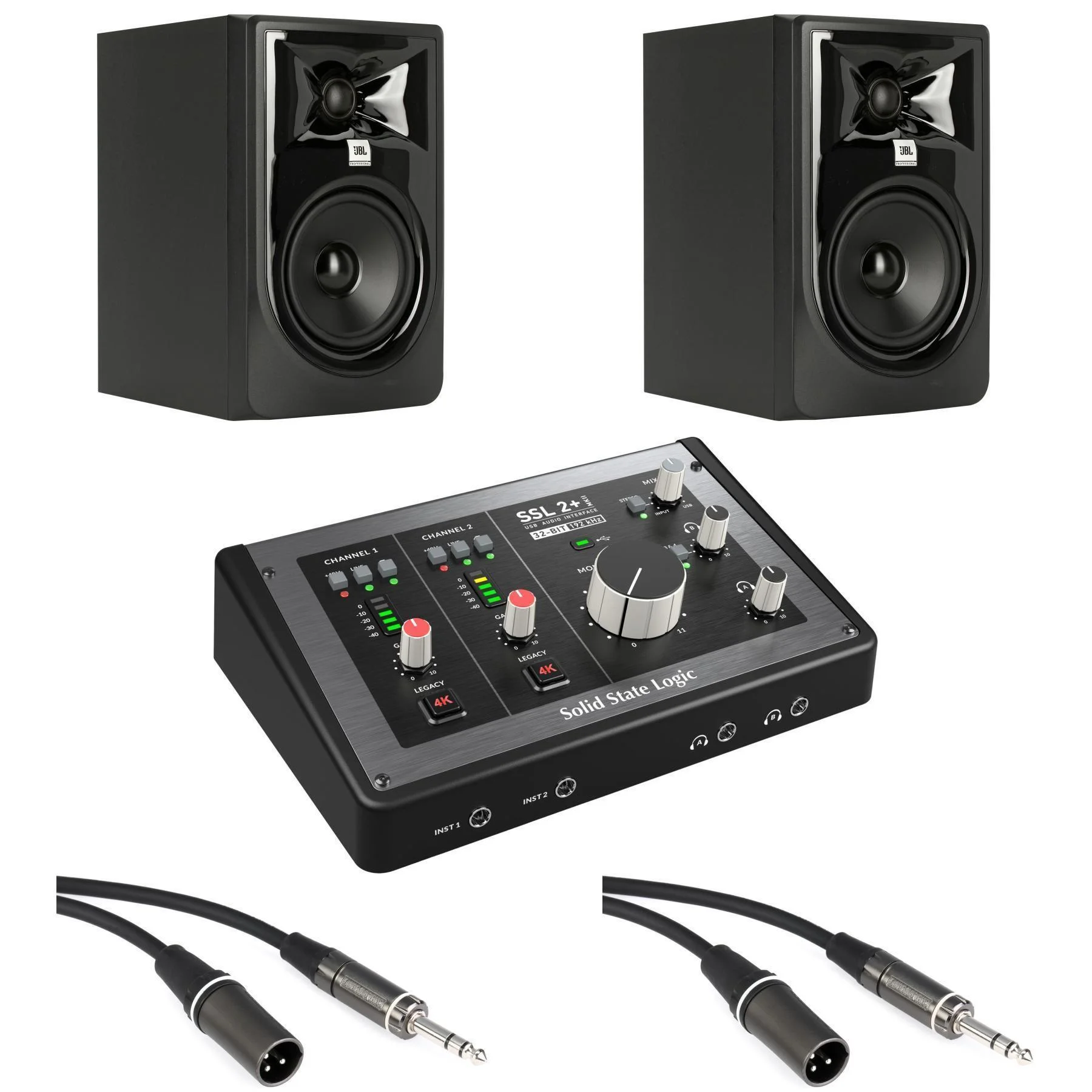 Solid State Logic SSL2+ MKII 2 x 4 USB-C 音频接口，搭配 JBL 305P MkII 5 英寸有源监听音箱