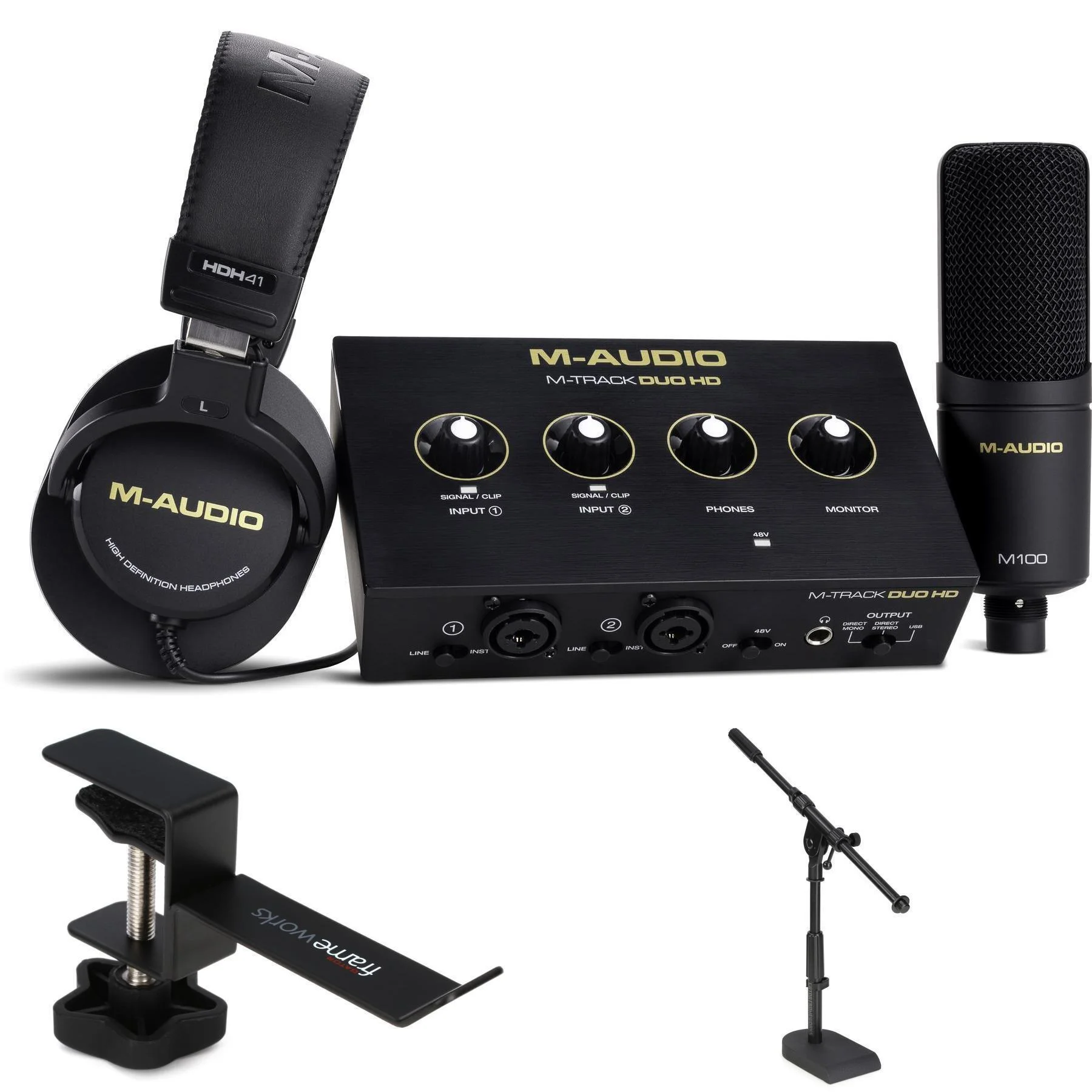 M-Audio M-Track Duo HD 制作人套装，含支架和桌面挂架