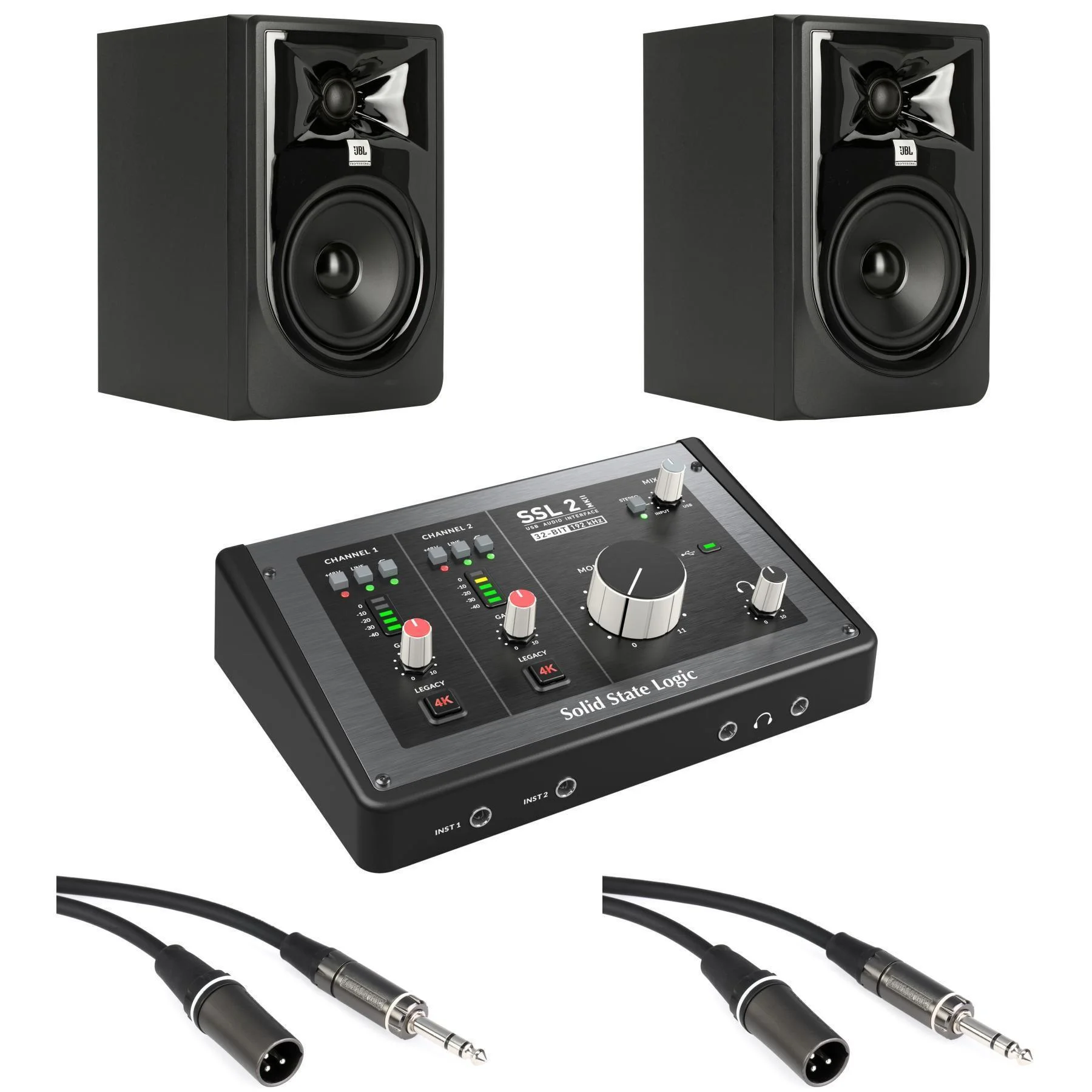 Solid State Logic SSL2 MKII 2 x 2 USB-C 音频接口，搭配 JBL 305P MkII 5 英寸有源监听音箱