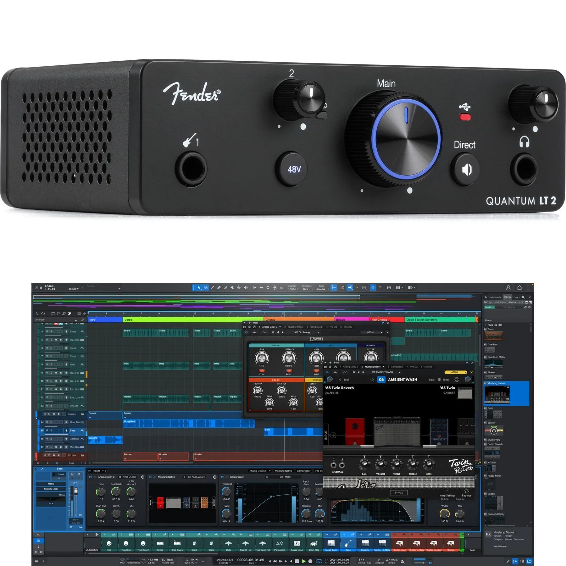 Fender Studio Quantum LT 2 USB-C 音频接口，附 Studio Pro 订阅升级