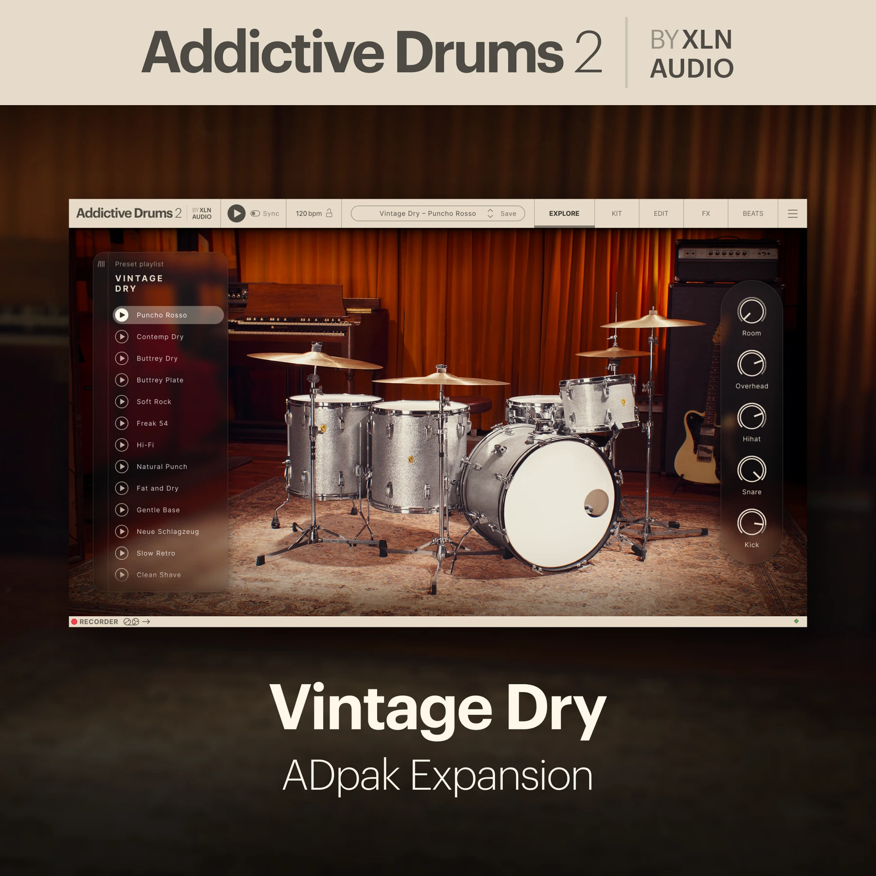 XLN Audio Vintage Dry ADpak 适用于 Addictive Drums 2.5 的扩展包