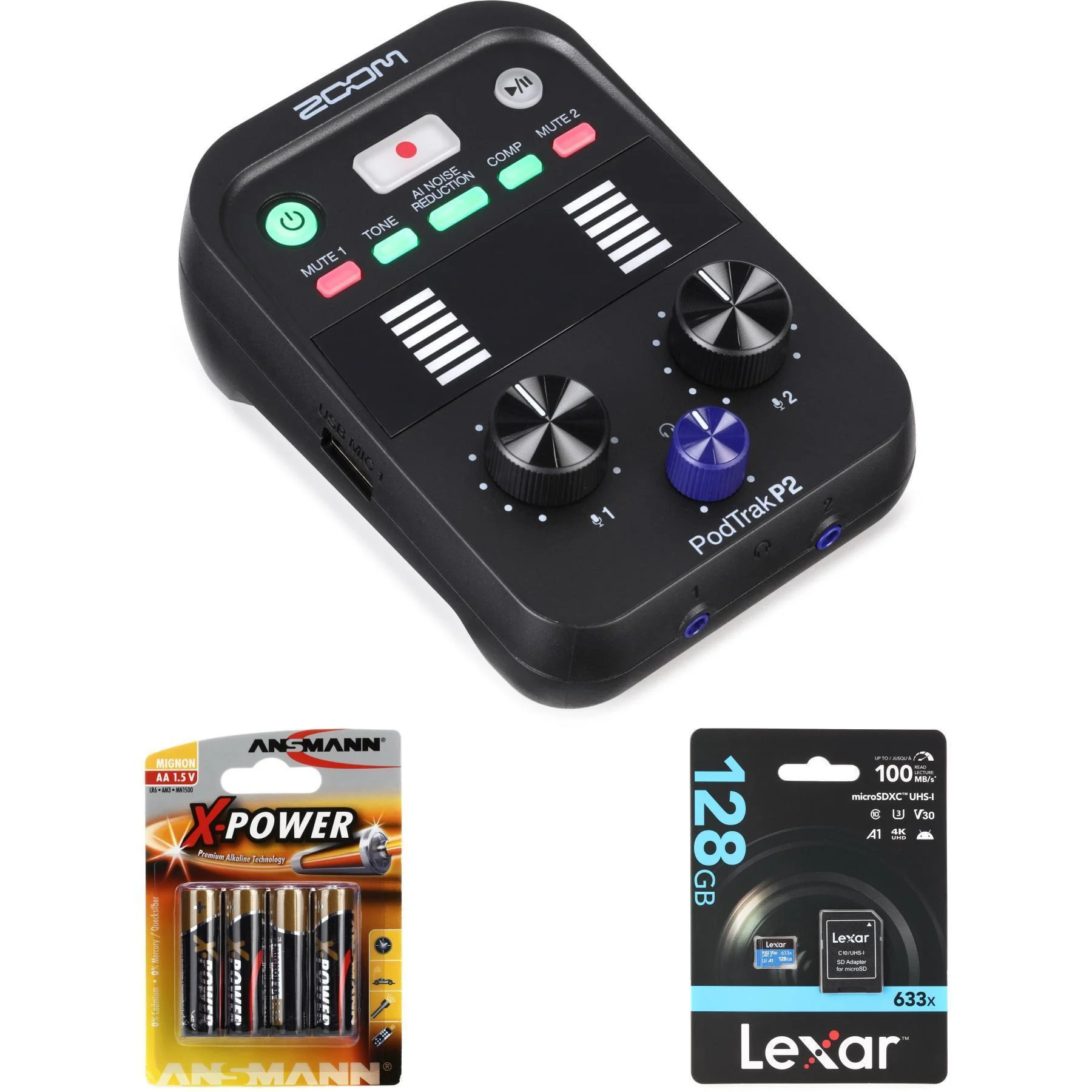 Zoom PodTrak P2 USB麦克风录音机（含MicroSDXC存储卡与电池）