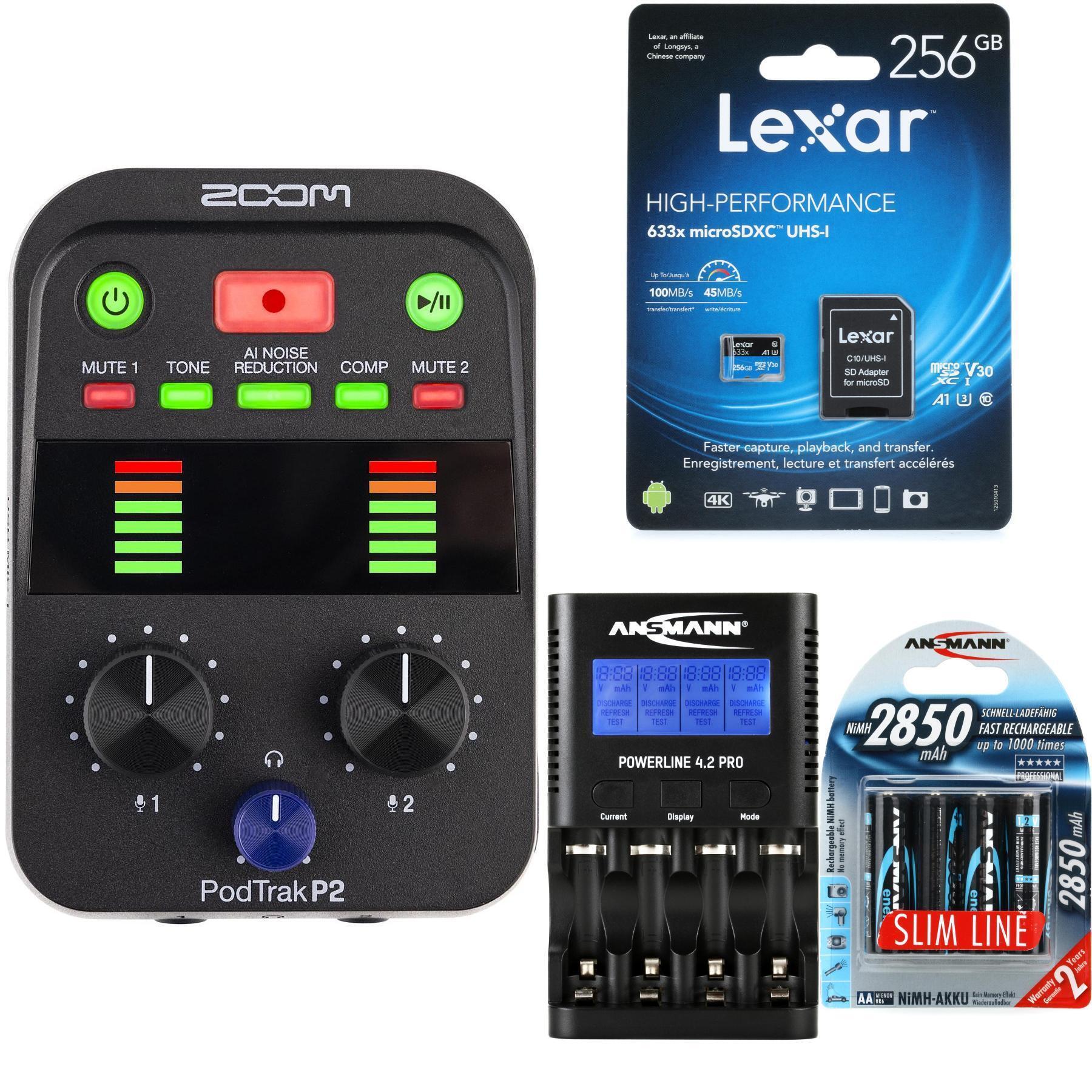 Zoom PodTrak P2 USB麦克风录音机（含MicroSDXC存储卡与可充电电池）