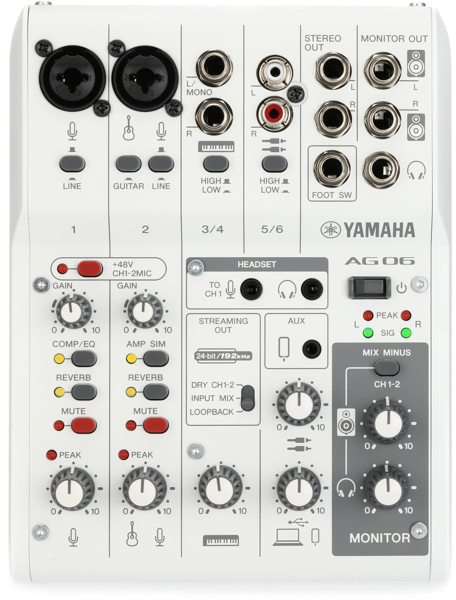 雅马哈 AG06 Mk2 6通道调音台兼USB音频接口 - 白色款