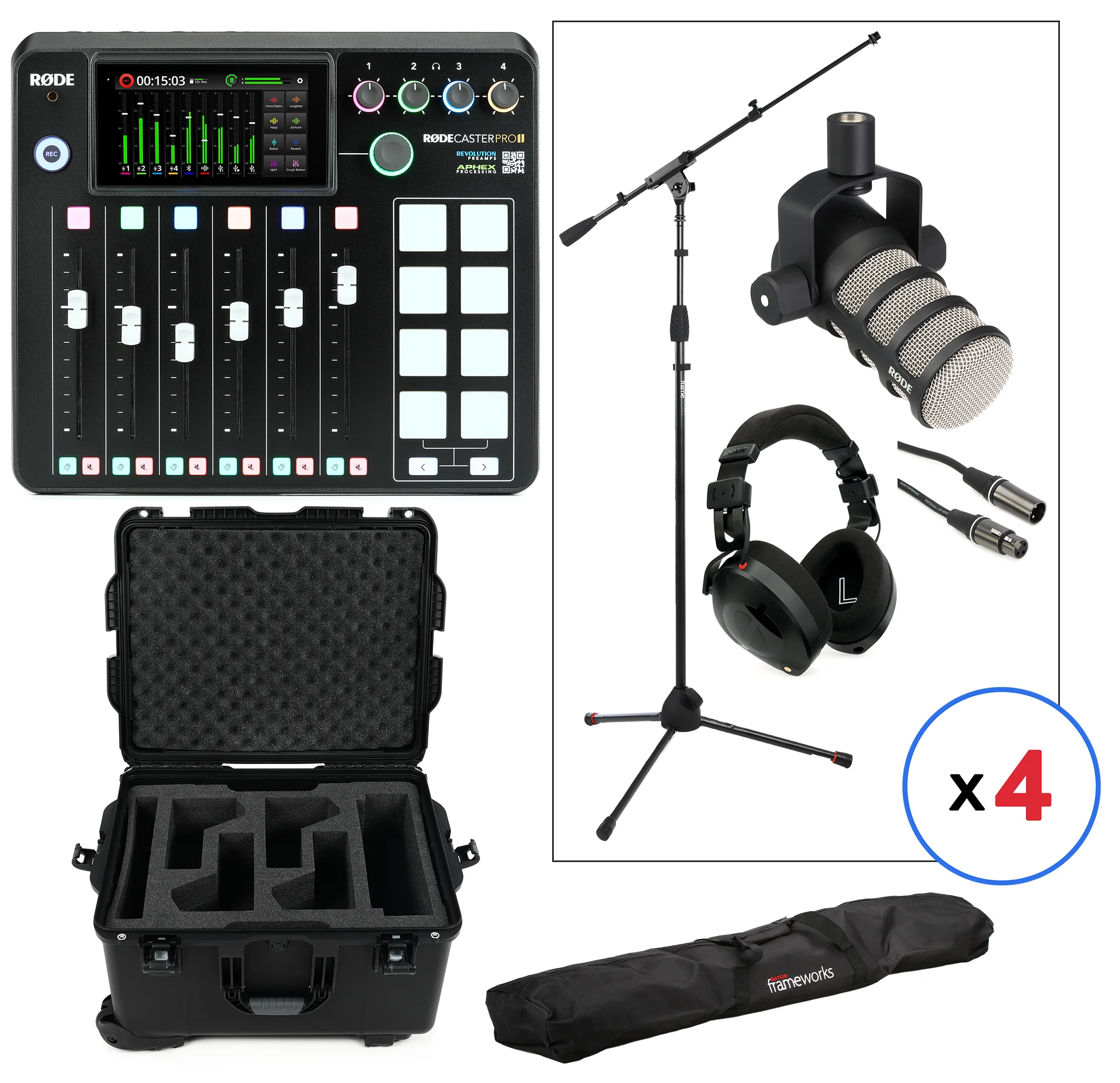 罗德 RODECaster Pro II 搭配PodMic四人移动播客套装 - 硬质收纳箱版