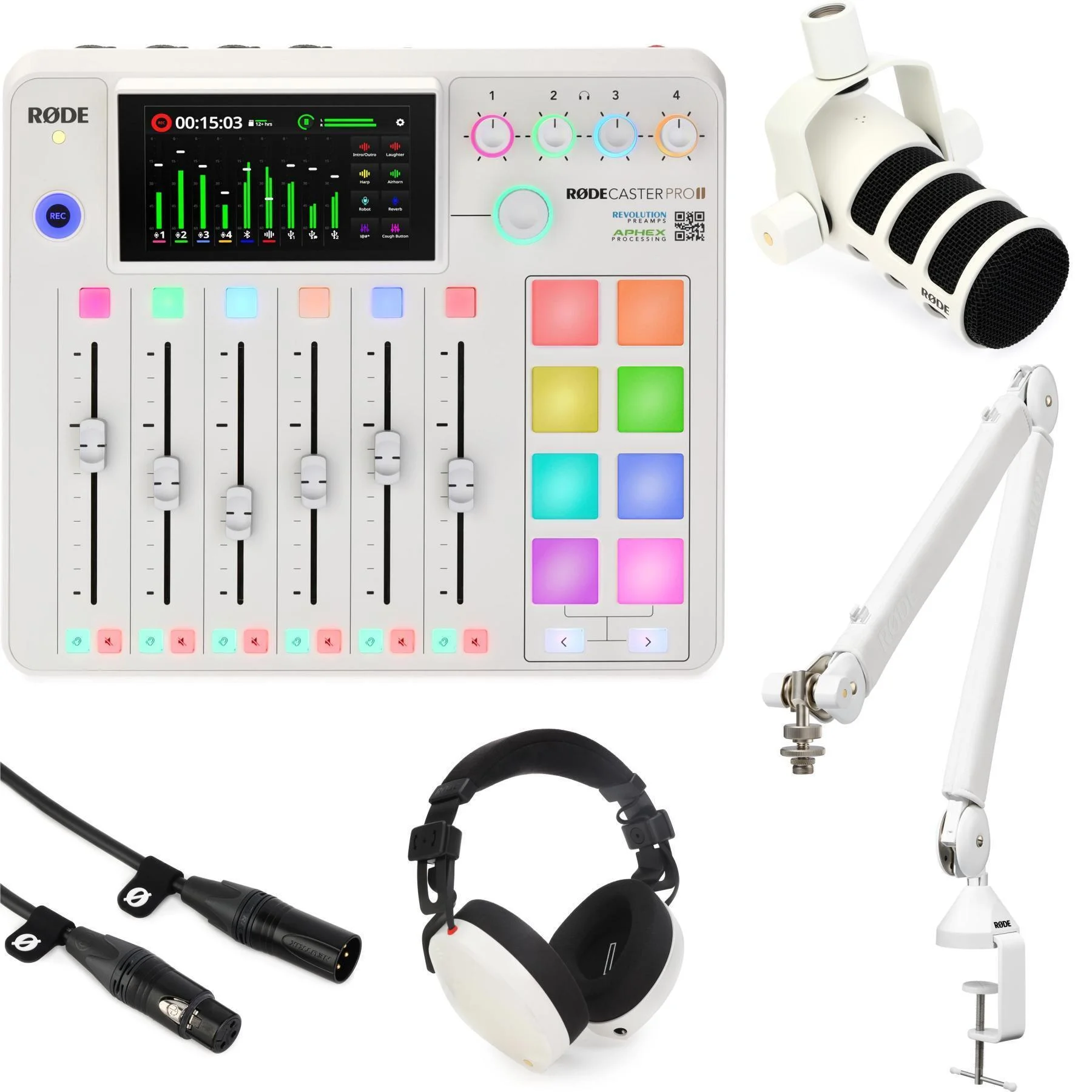 罗德 Rodecaster Pro II 播客制作调音台（带PodMic心形动圈麦克风套装） - 白色款