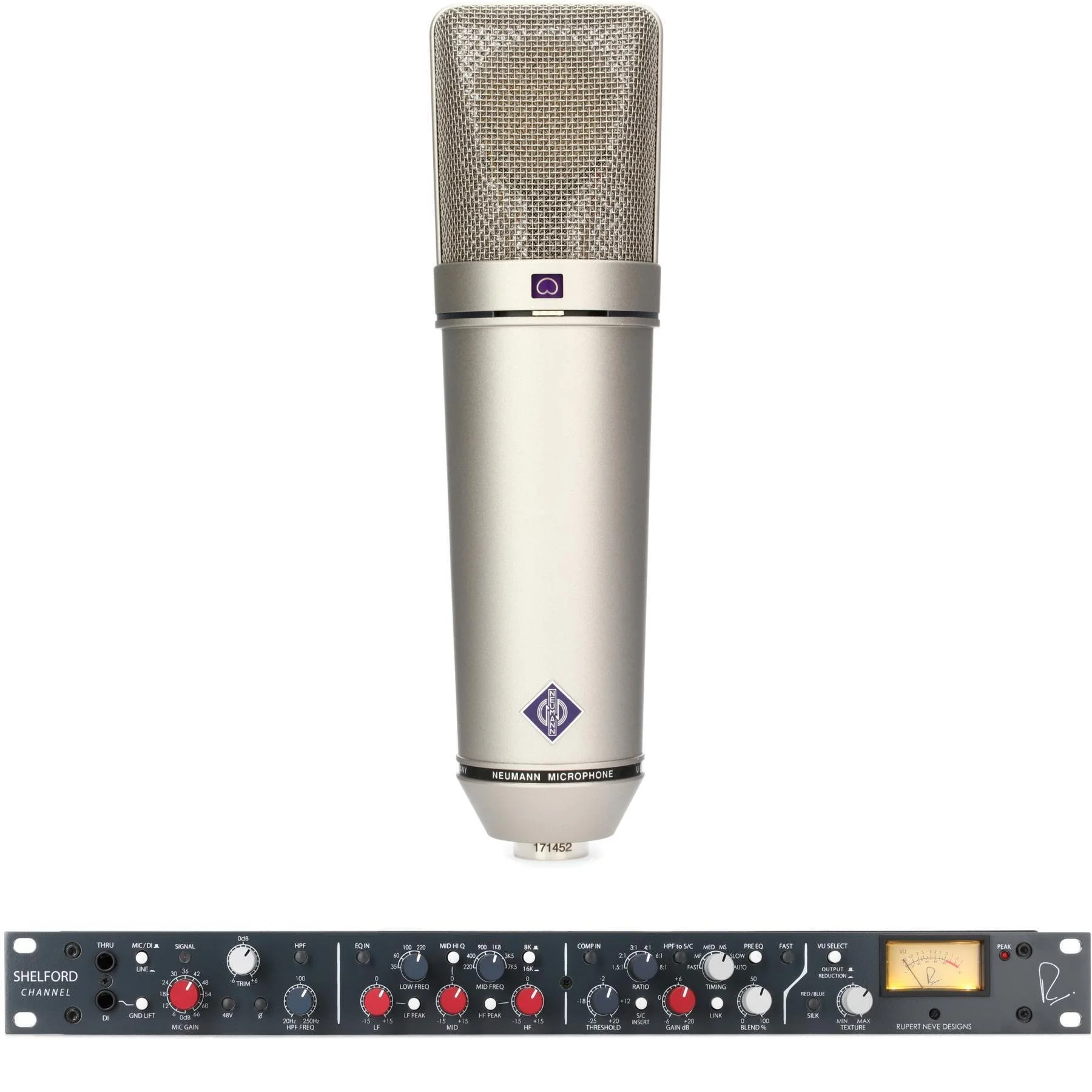 Neumann U 87 Ai 套装大振膜电容麦克风，配 Rupert Neve Designs Shelford 通道麦克风前级、感应式均衡器和二极管桥压缩器