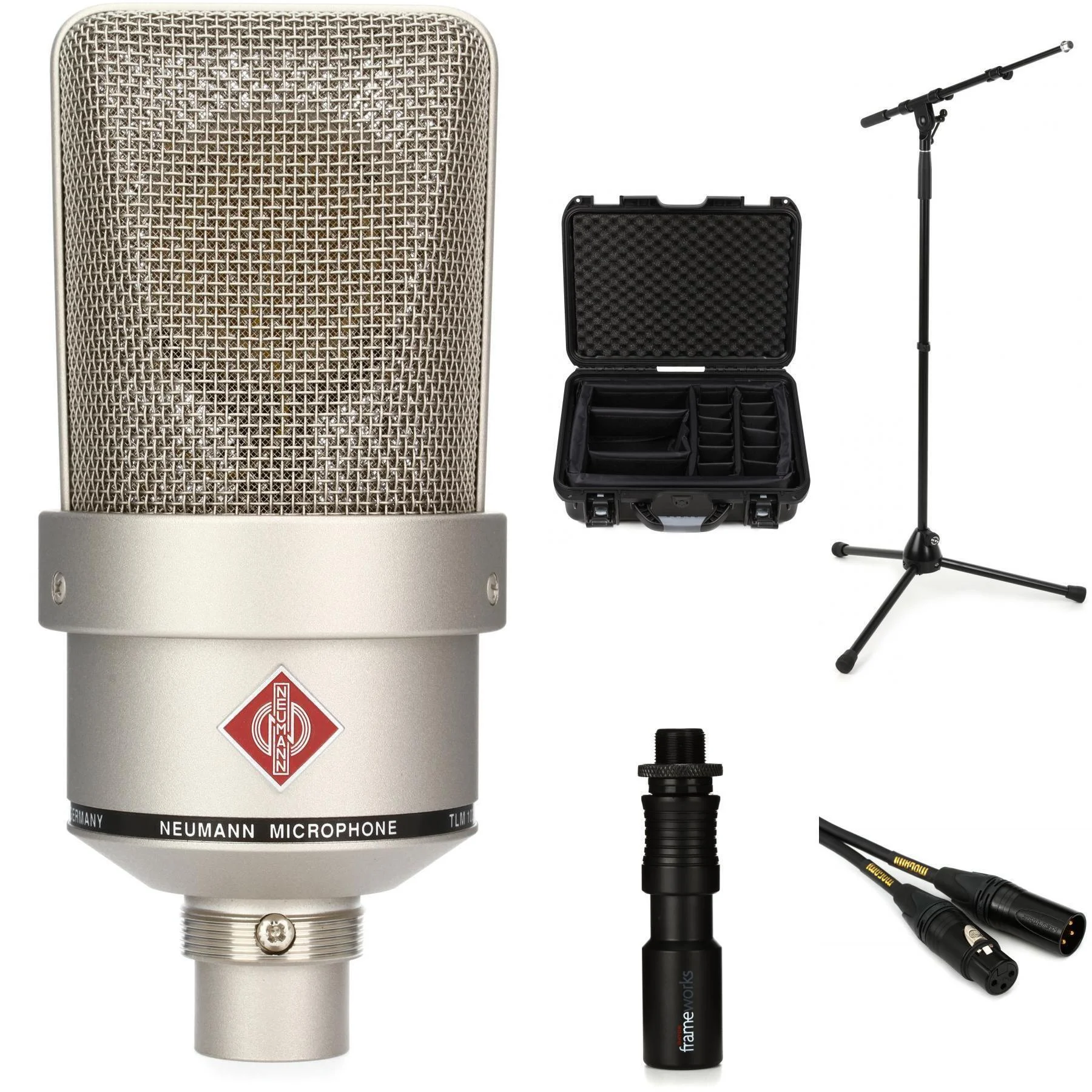 Neumann TLM 103 大振膜电容麦克风套装，含收纳盒、支架和线缆 - 镍色