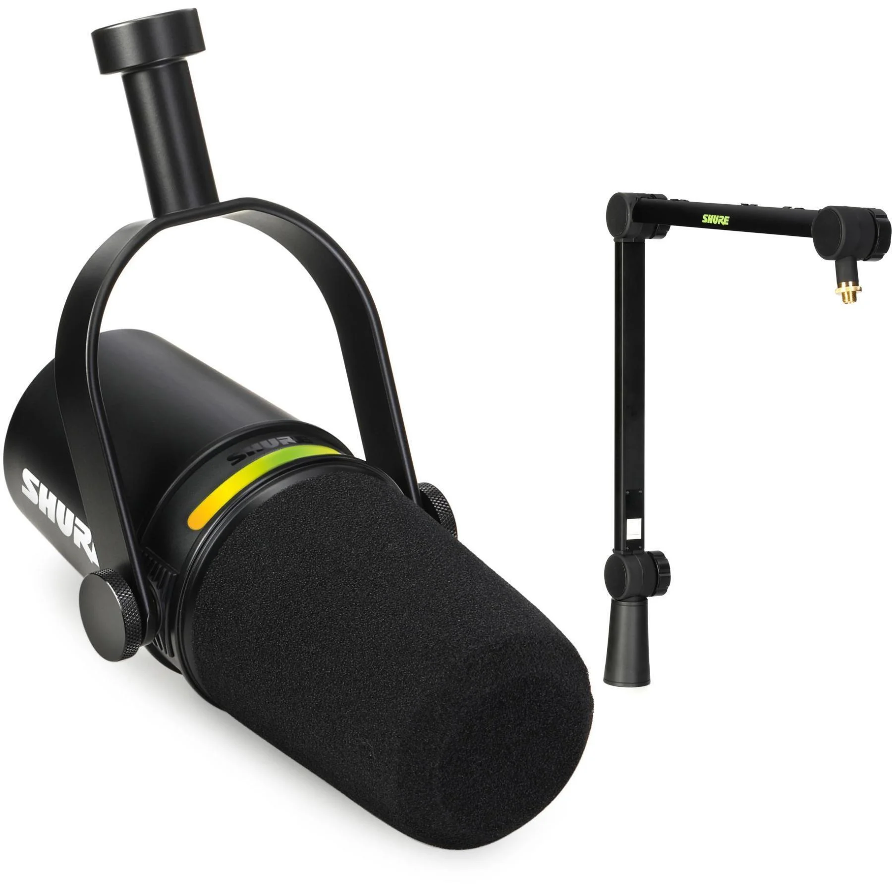 Shure MV7+ 混合播客麦克风，配广播臂 - 黑色