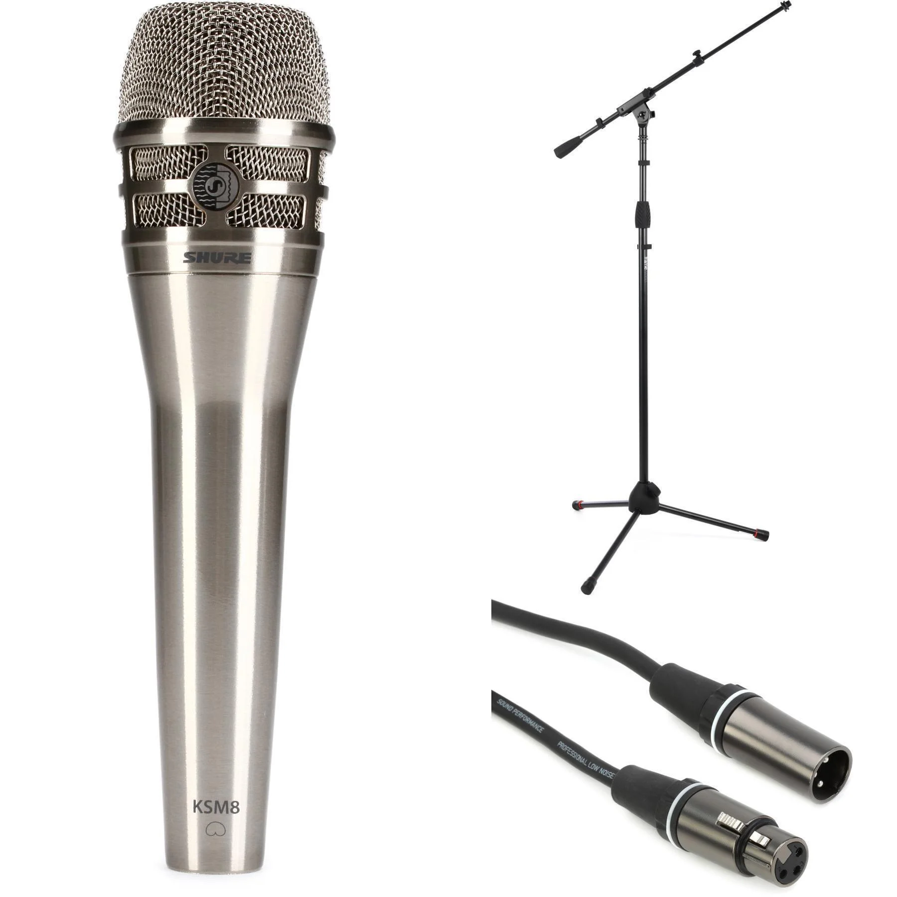 Shure KSM8N 手持麦克风套装，含支架和线缆 - 镍色