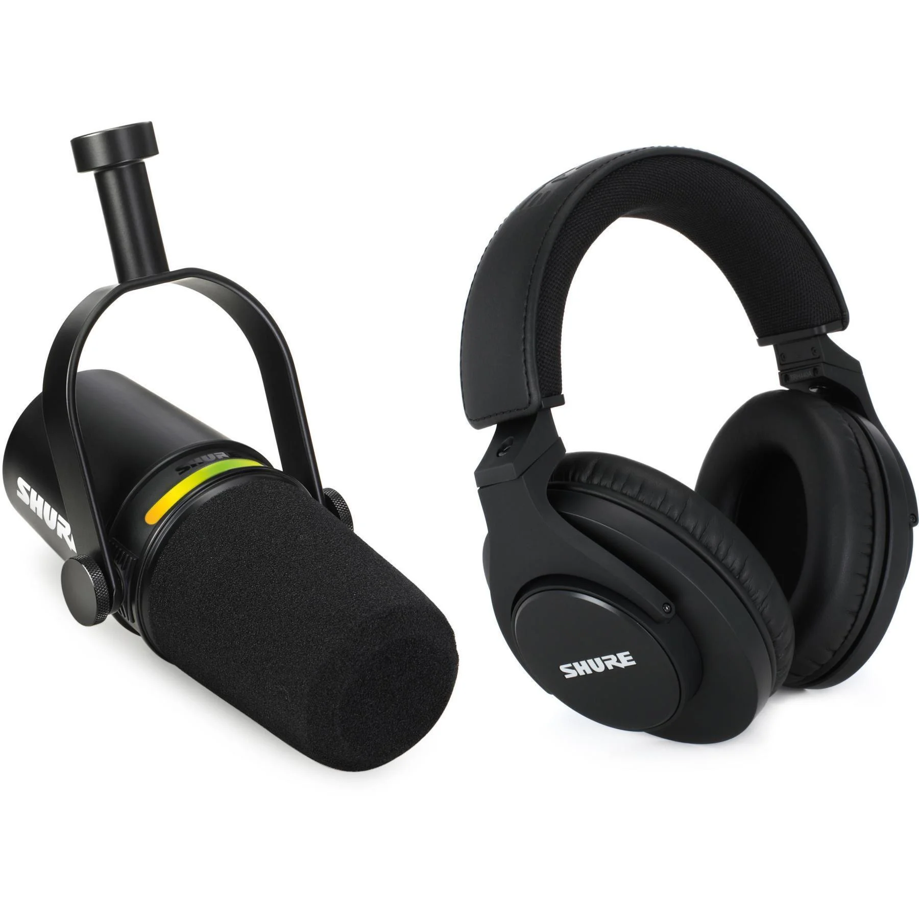 黑色 Shure MV7+ 混合播客麦克风，含耳机