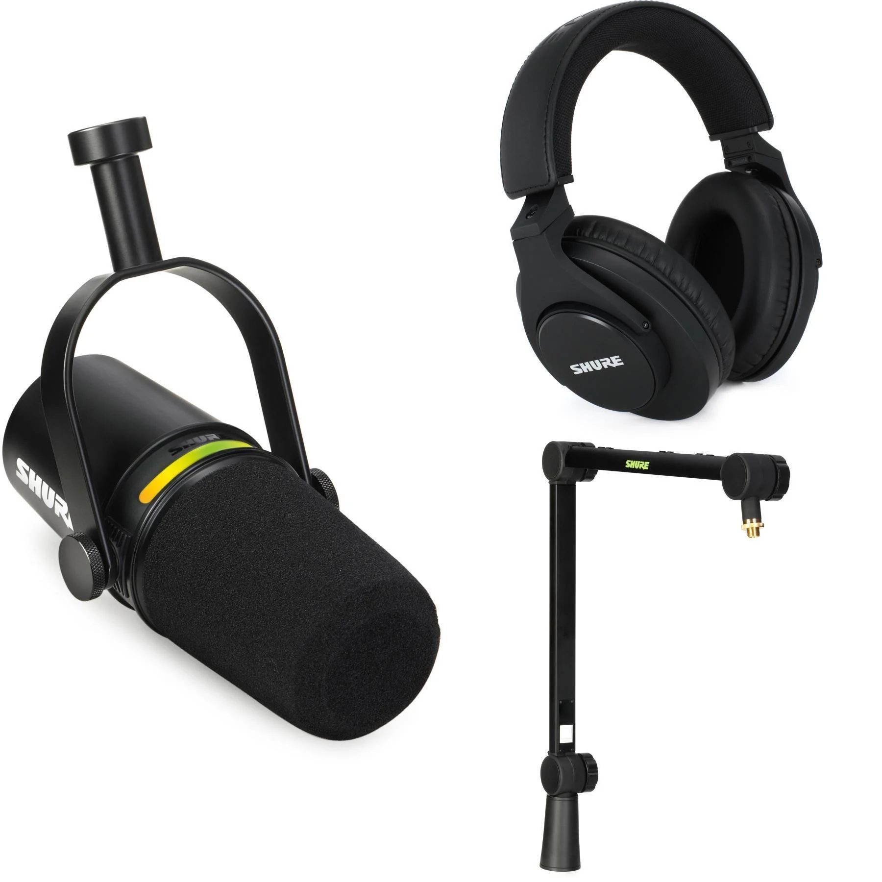 Shure MV7+ 混合式播客麦克风，含耳机和广播臂 - 黑色