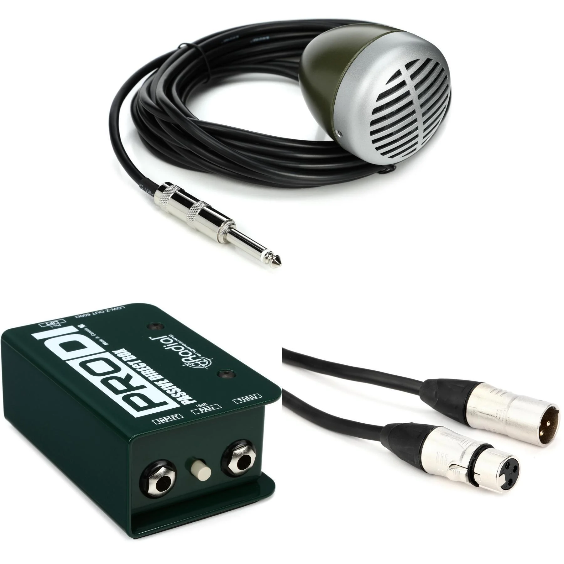 Shure 520DX“Green Bullet”口琴麦克风，含 Radial ProDI 单通道被动乐器 DI 盒