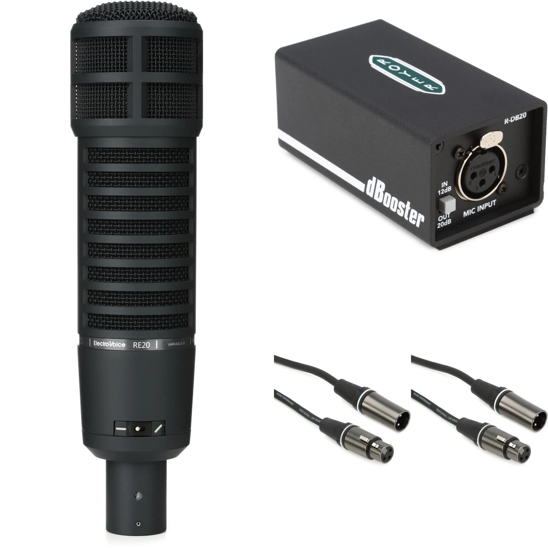 Electro-Voice RE20 动圈广播麦克风，配备 Variable-D 和 Royer dBooster 信号放大器 - 黑色
