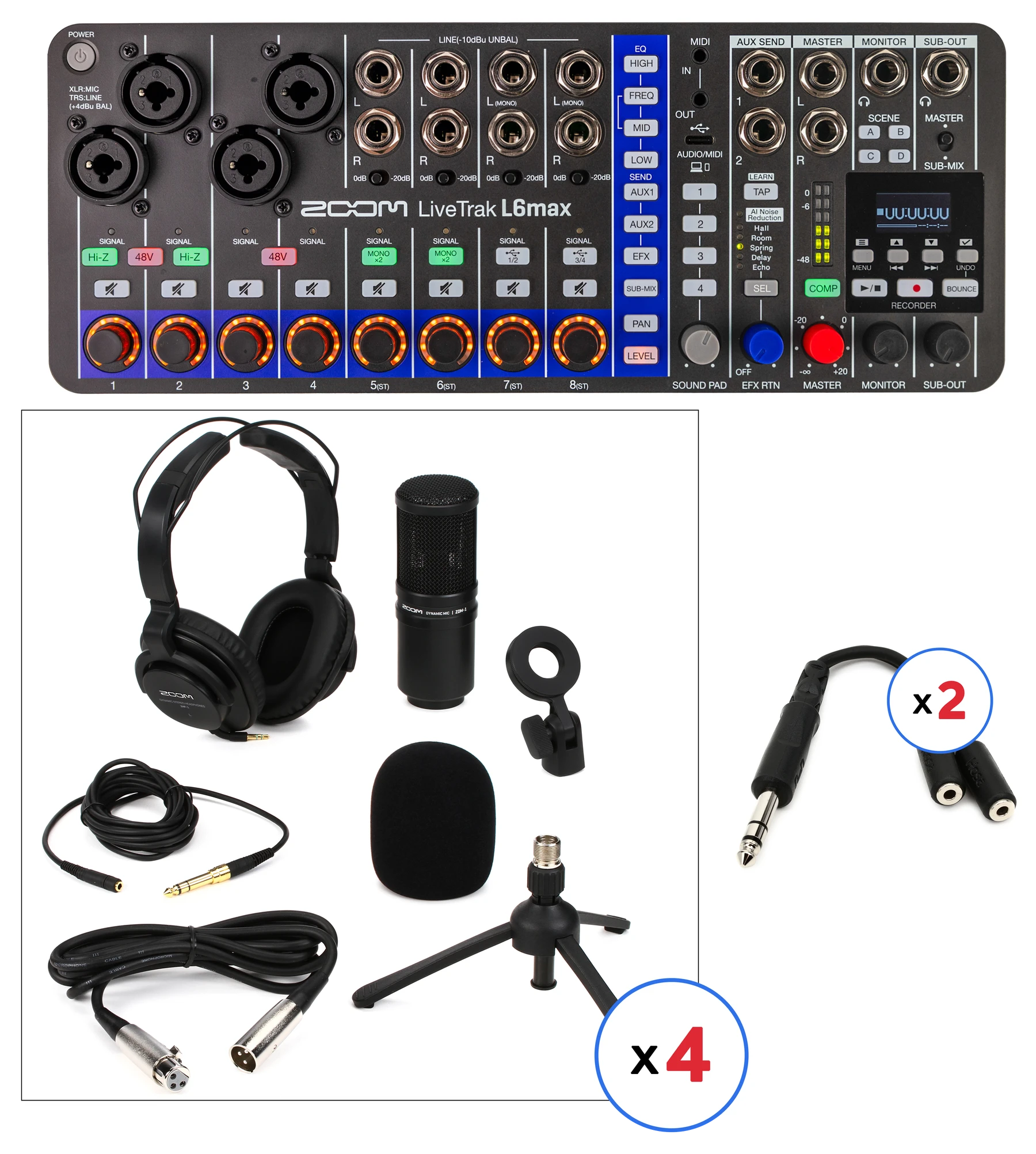 Zoom LiveTrak L6max 12 通道数字调音台及 4 人 ZDM-1 播客麦克风套装