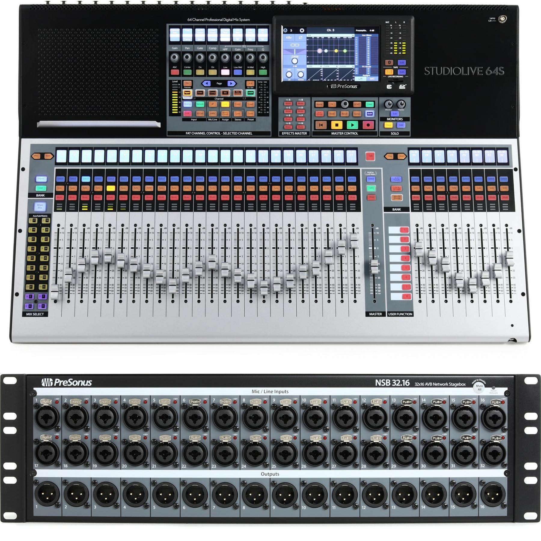 PreSonus StudioLive 64S 64 通道数字调音台和 NSB32.16 AVB 网络舞台接口箱套装