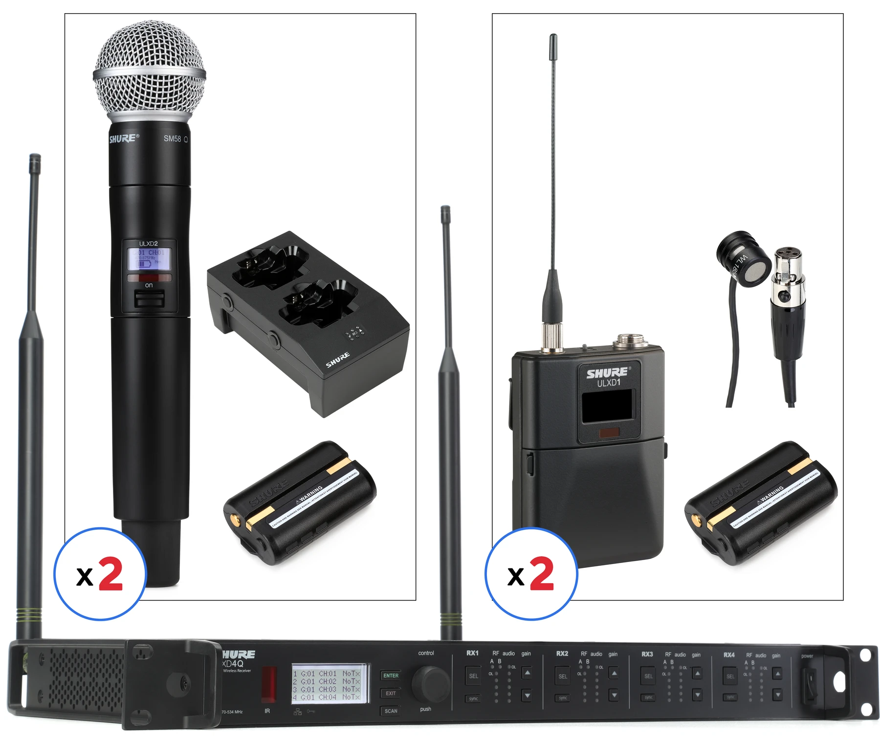 Shure ULXD4Q 四通道无线系统，配备 2 支 SM58 手持发射机和 2 个心形领夹式发射机 - G57 频段