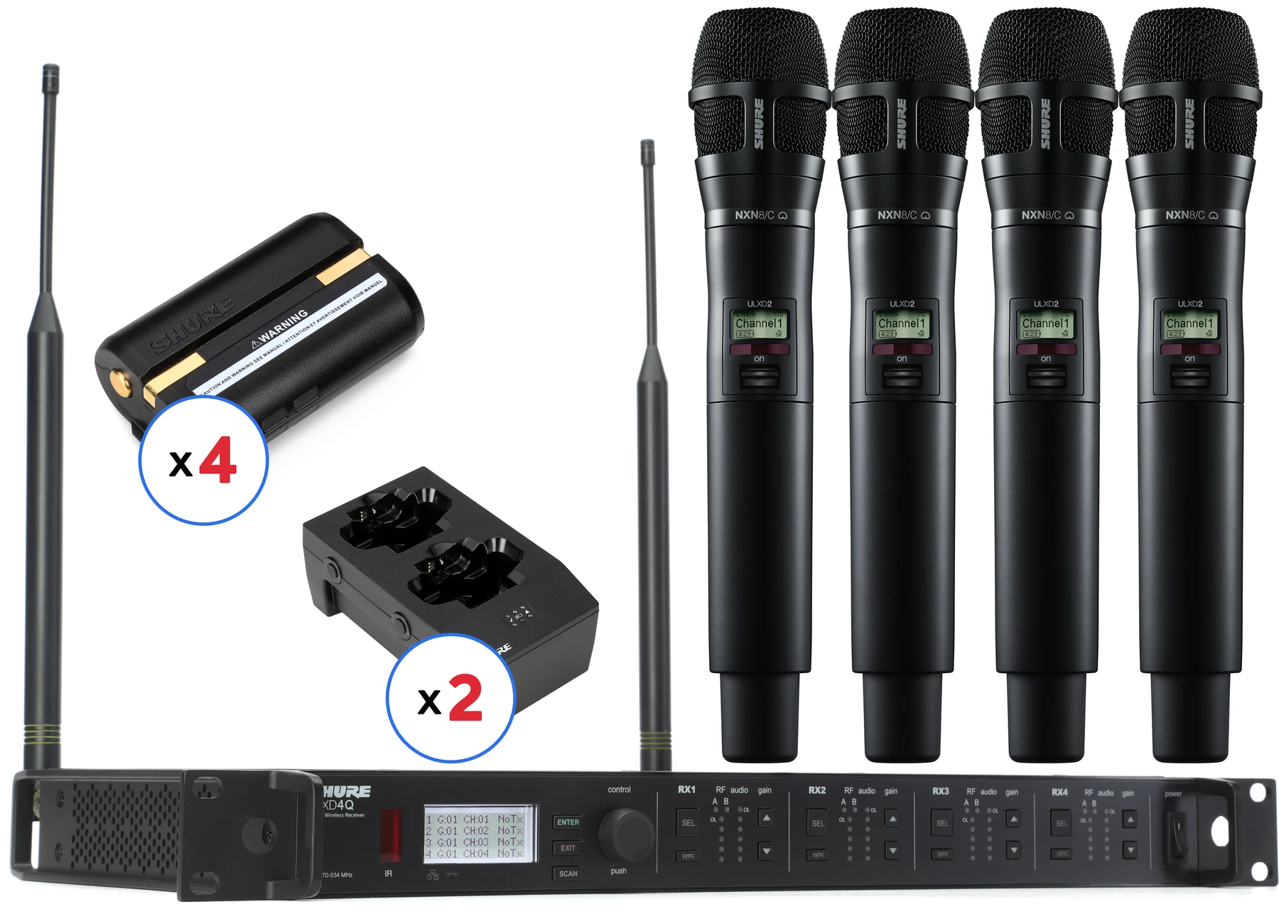 Shure ULXD4Q 四通道无线系统，配备 Nexadyne 8/C 手持发射器 - G57 频段