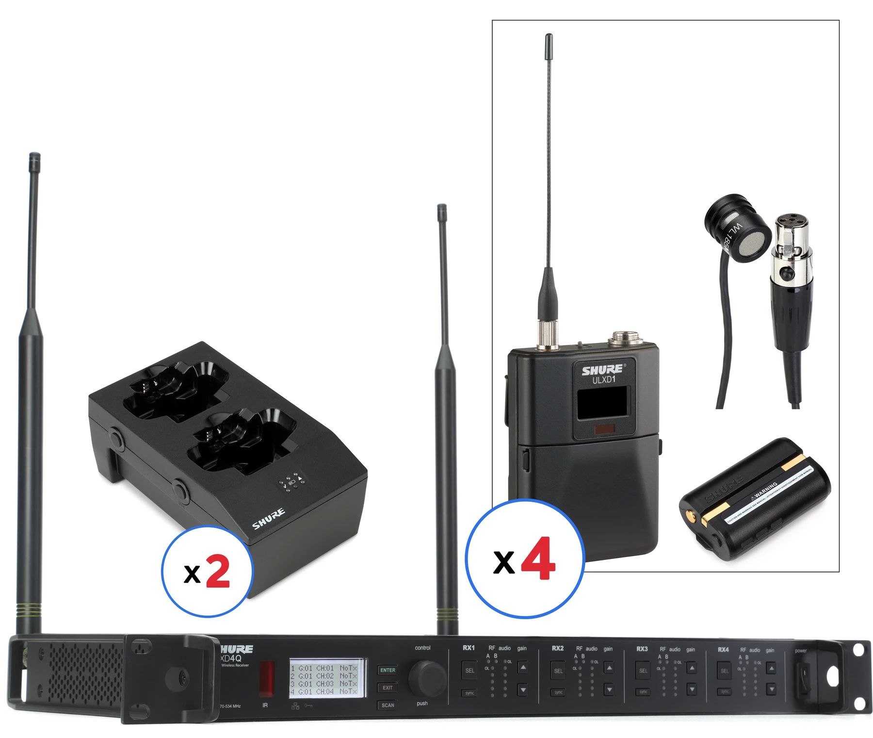 Shure ULXD4Q 四通道无线系统，配备心形指向性领夹式发射器 - G57 频段