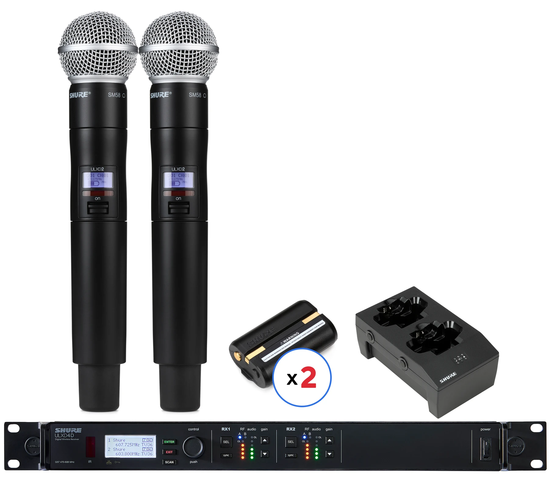 Shure ULXD4D 双通道无线系统，配备 SM58 手持发射器 - G57 频段