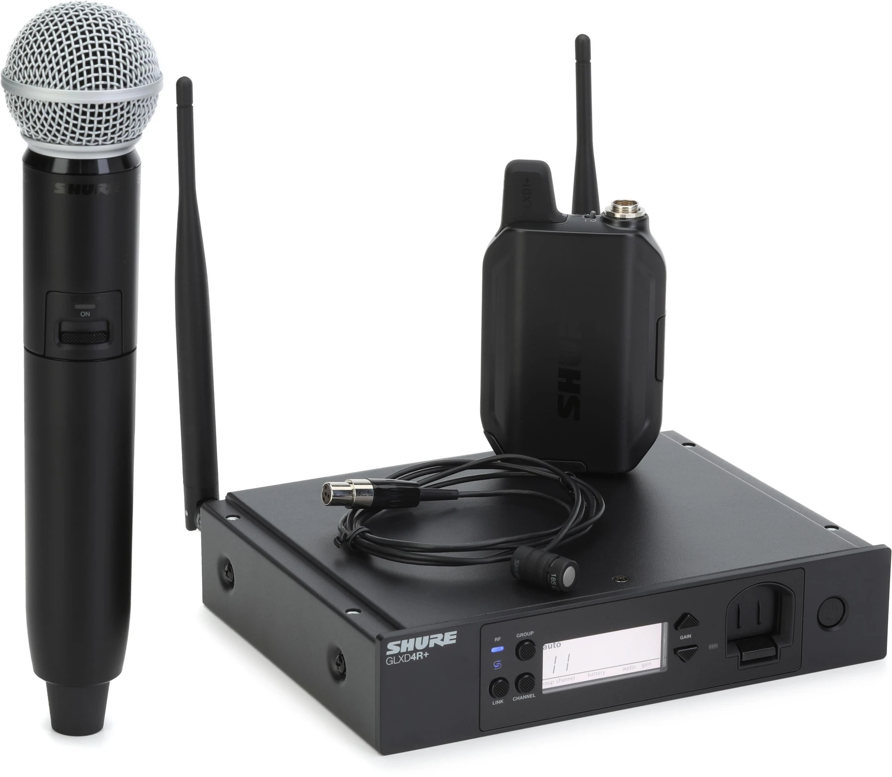 Shure GLXD124R+/85 数字无线组合机架安装系统，配备 SM58 音头和 WL185 领夹式麦克风