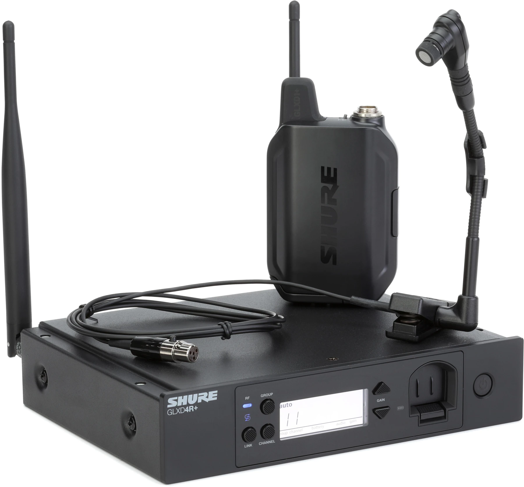 Shure GLXD14R+/B98 数字无线机架式乐器系统，配备 WB98H/C 鹅颈麦克风