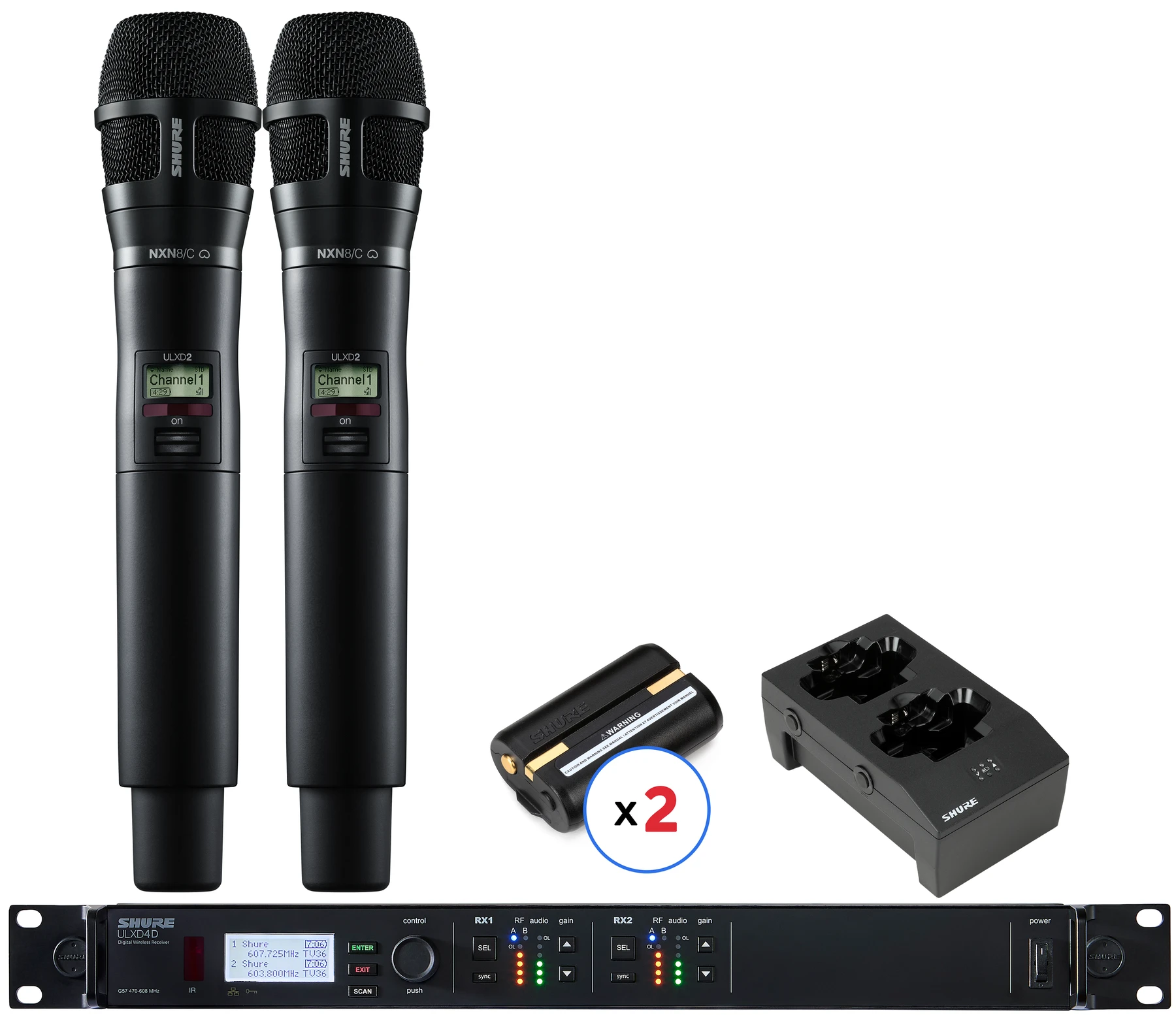 Shure ULXD4D 双无线系统，配备 Nexadyne 8/C 手持发射机 - G57 频段