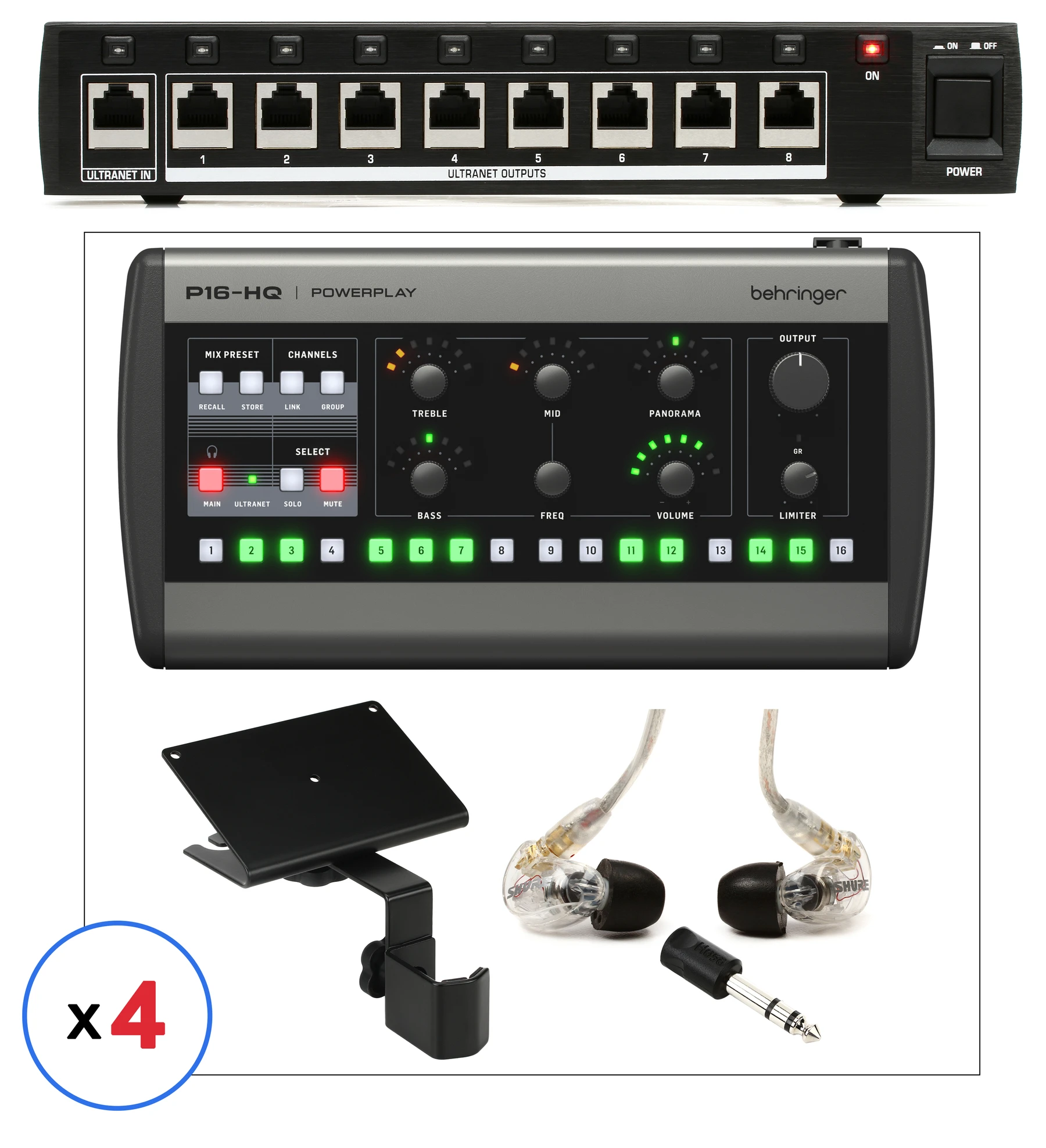 Behringer P16-HQ 个人监听系统，配备 Shure SE215 入耳式监听耳机