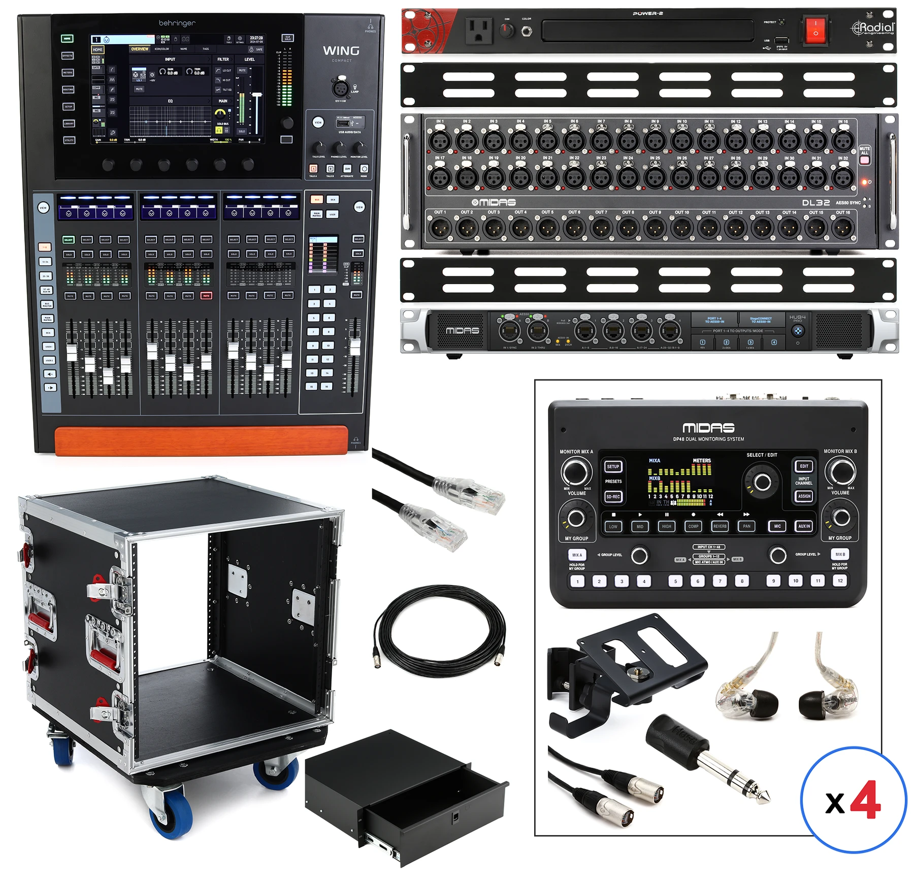 Behringer WING Compact 48通道数字调音台，含舞台接口箱及个人监听系统套装 - 黑色