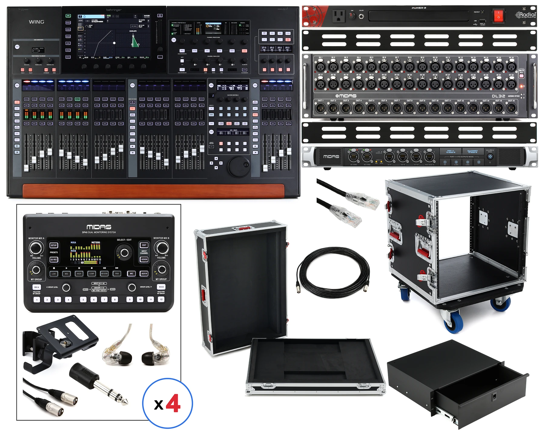 Behringer WING 48通道数字调音台，含舞台接口箱及个人监听系统套装 - 黑色