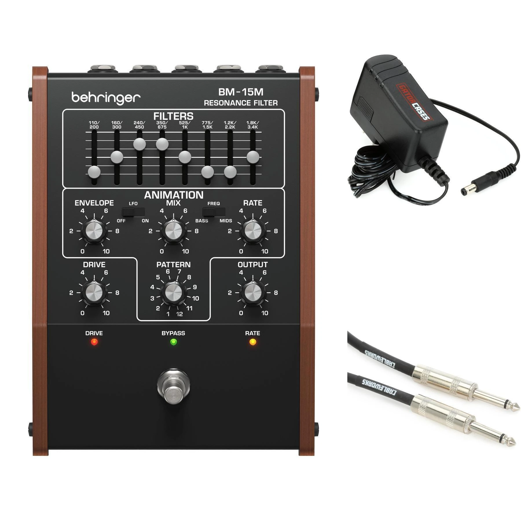 Behringer BM-15M 共振滤波器效果器踏板，含电源和连接线